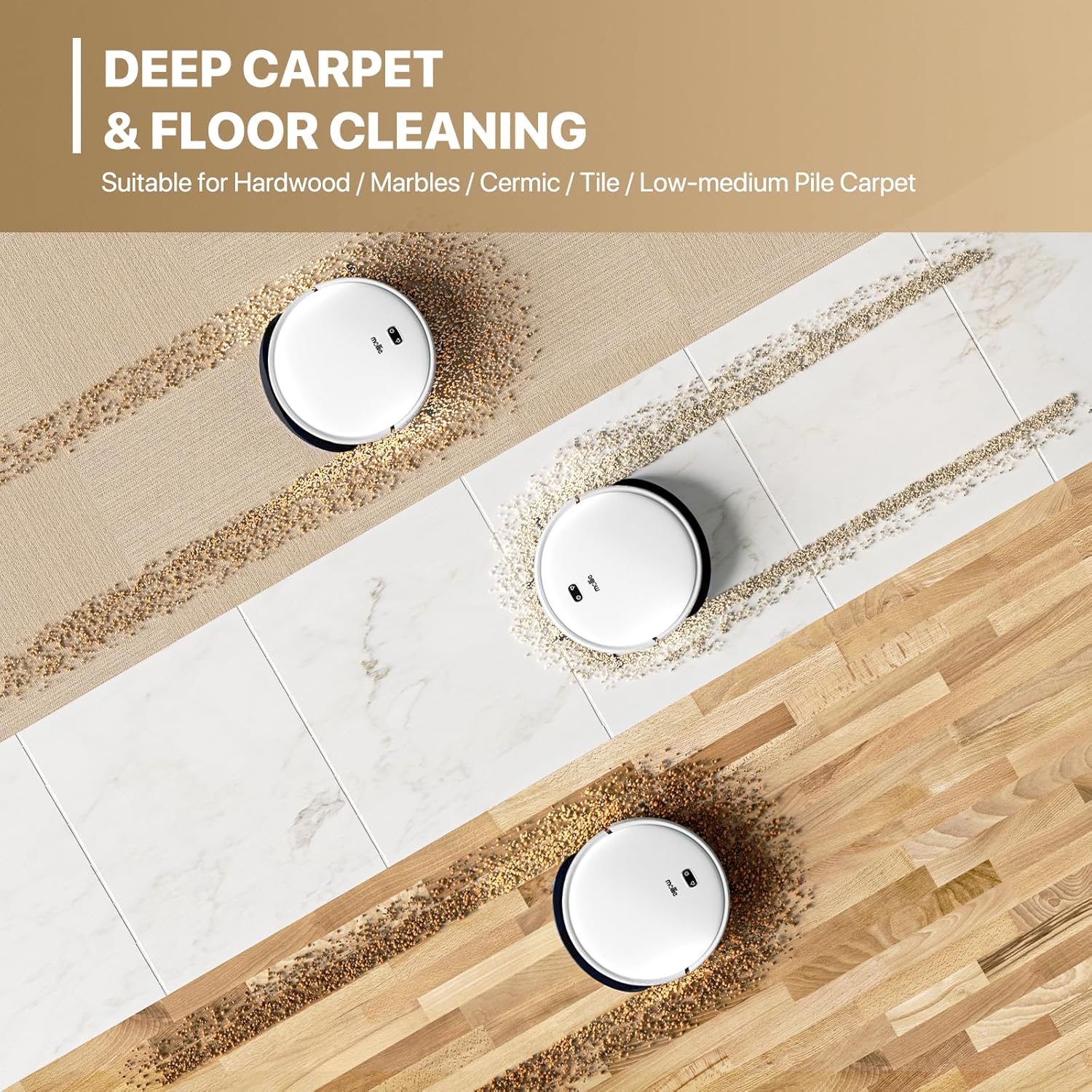 Robot vacuum cleaning different floor types: carpet, tile, and wood