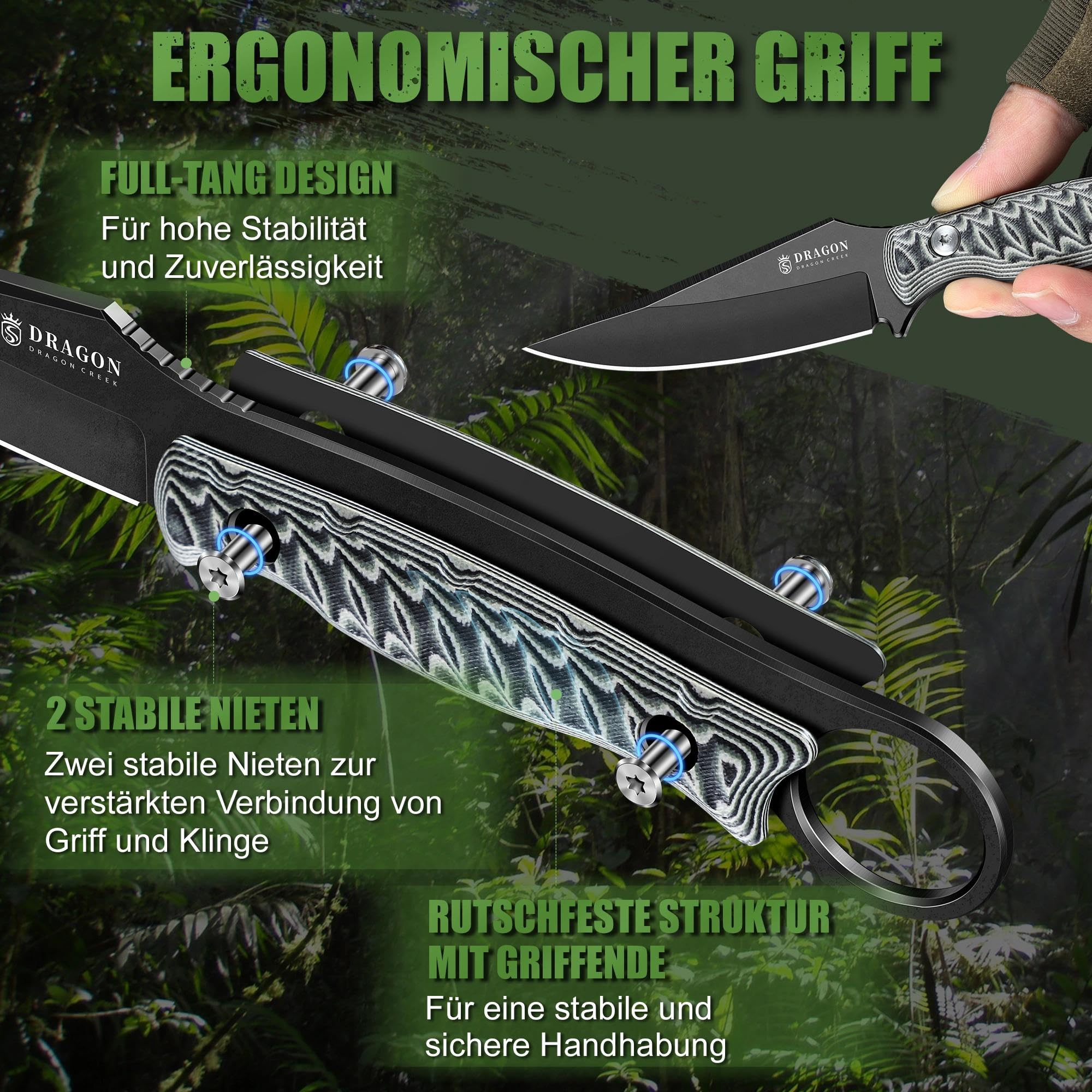 Dragon Creek Feststehendes EDC-Messer, ausgestattet mit Kydex-Scheide und Taschenclip Die einteilige Vollkonstruktion eignet sich für Outdoor, Camping, und Wandern(Grey)