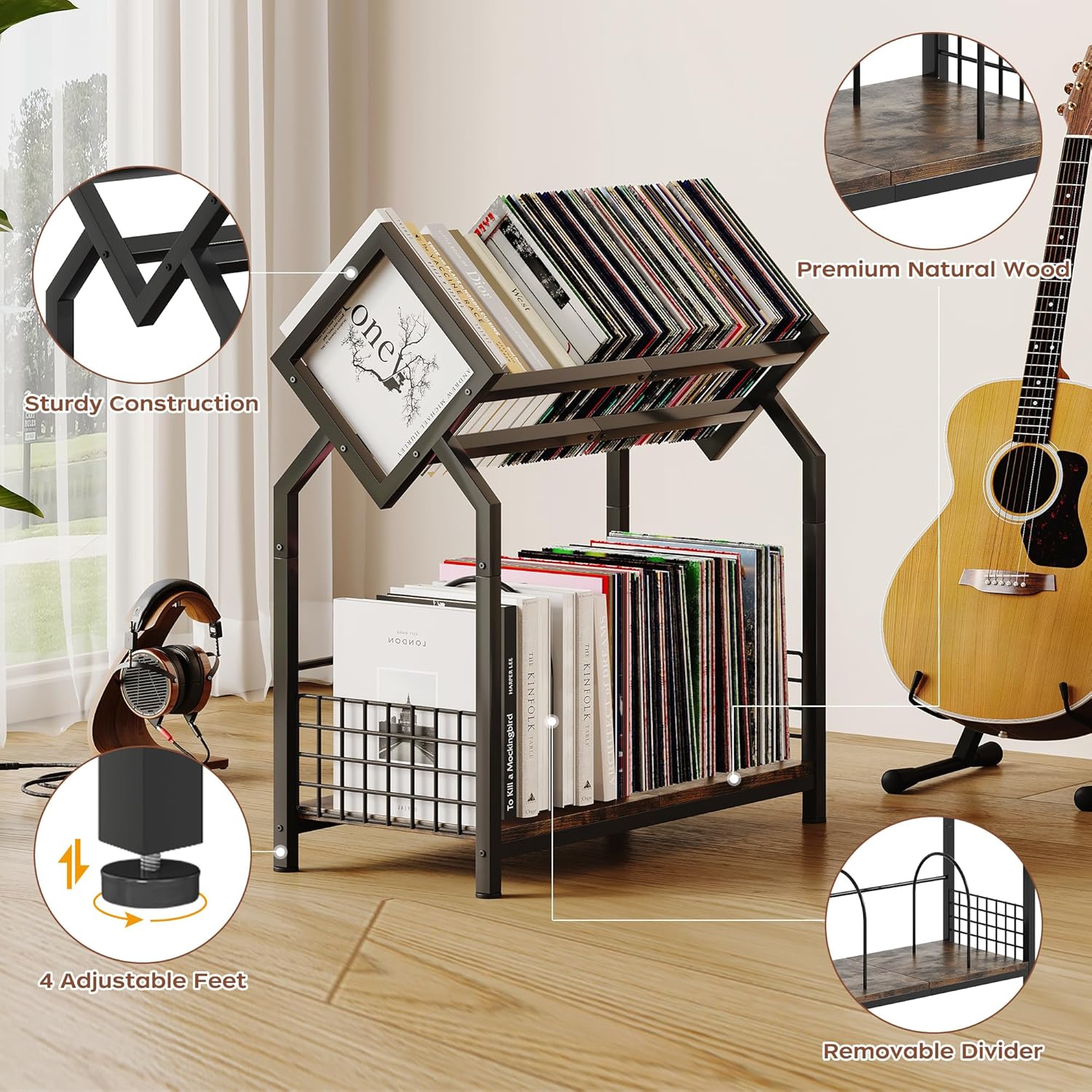 2-Tier Vinyl Record Storage Holder with Dividers, 24.4''W Vinyl Record Display, 300 LPs Vinyl Record Storage Rack, Suitable for Magazines, Books, Documents, Albums
