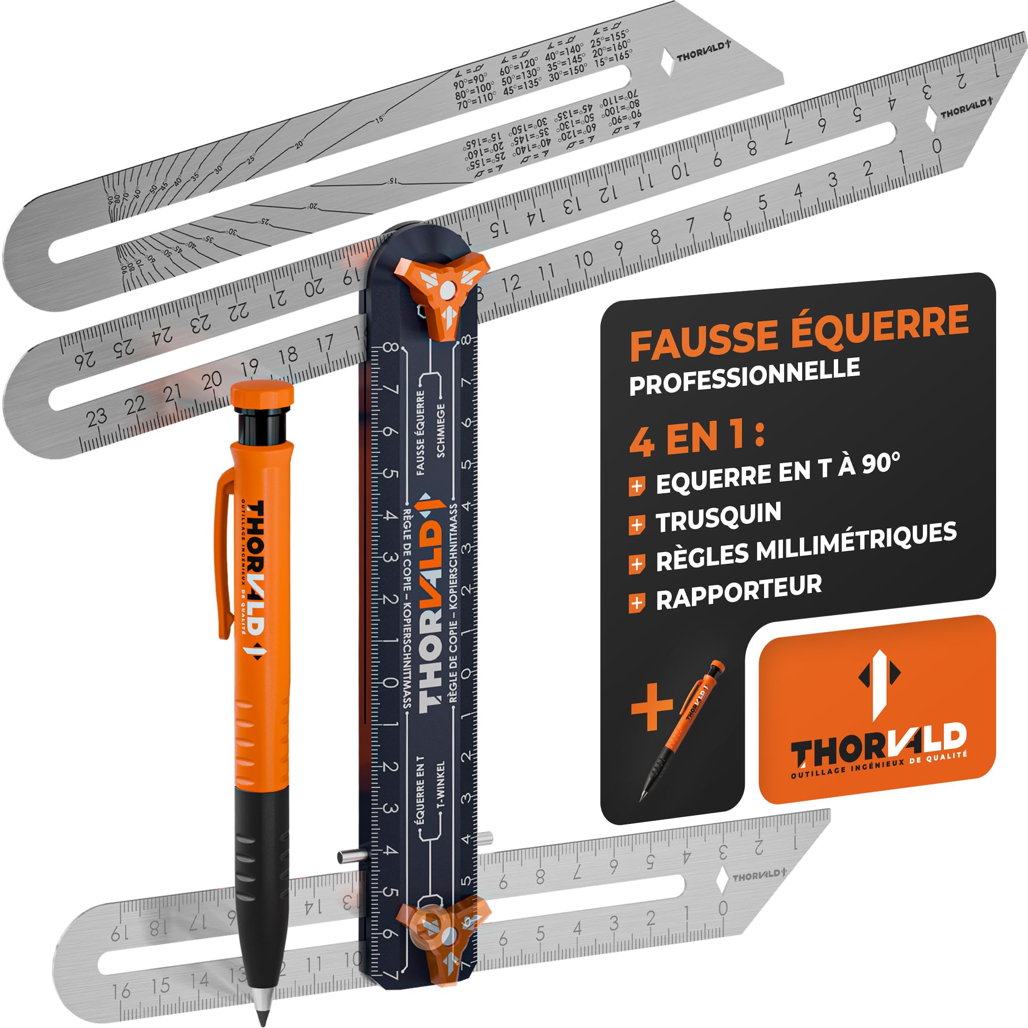 Thorvald Fausse Équerre 4 en 1 avec Crayon et Règles Inox