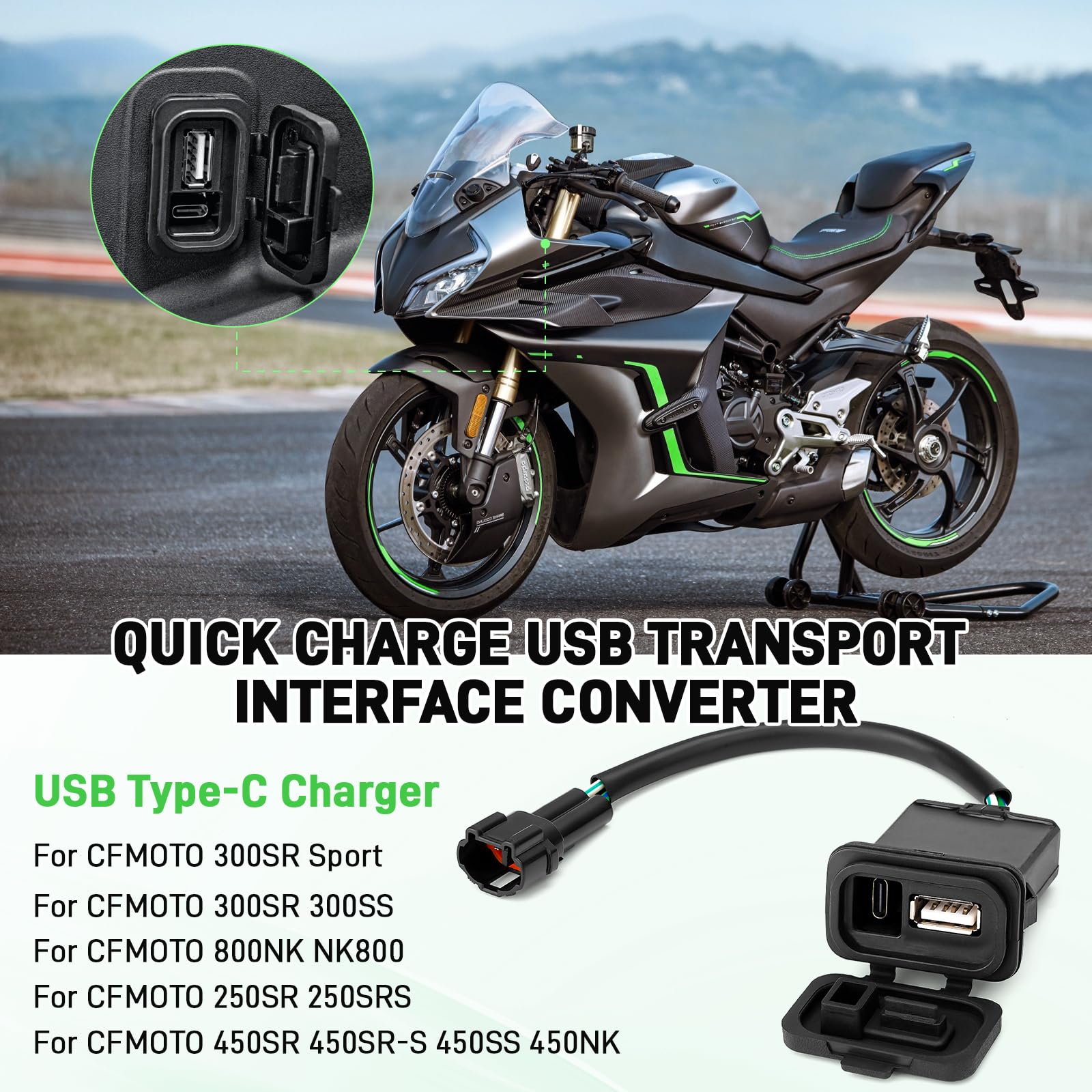 YIBEICO Upgraded Motorcycle Fast Charge, Dual USB Type-C Transfer Interface Converter, Dual Quick Charge 3.0 Charger for CFMOTO 450SR 450NK 450SR-S 800NK NK800 250SR SR250 300SS 300SR Sport