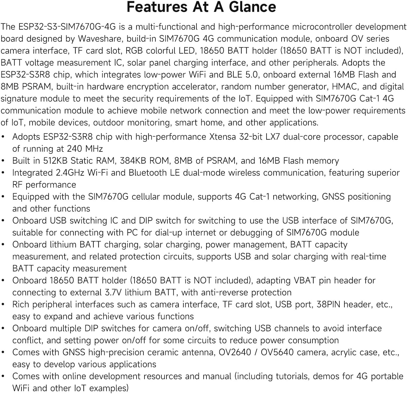 Waveshare ESP32-S3 SIM7670G 4G Development Board, LTE Cat-1 / WiFi/Bluetooth/GNSS Positioning Support, Global Coverage Multi Band, Suitable for 4G Portable WiFi, Onboard Camera/Antenna