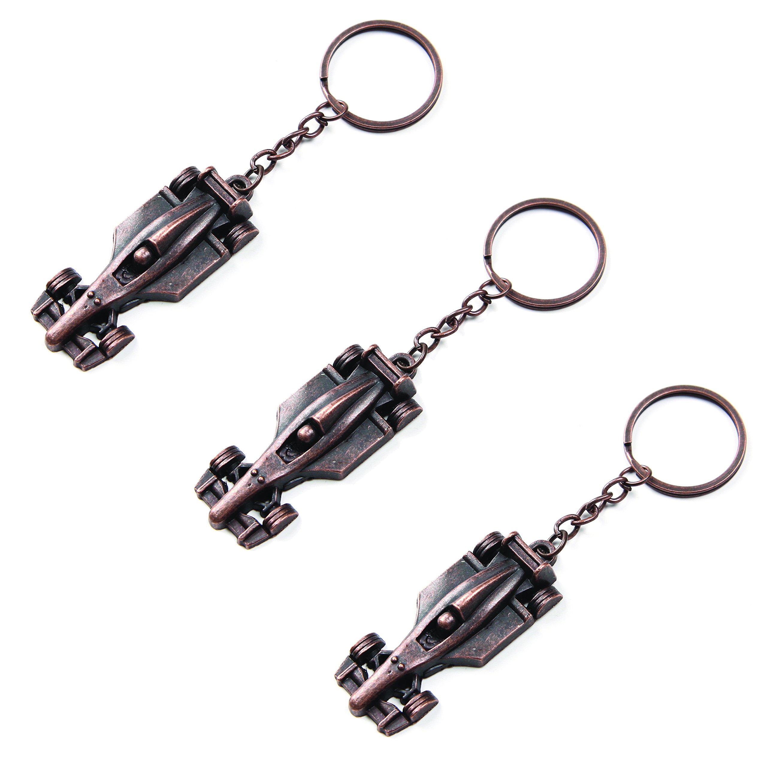 Komonee 3 x Bronze Formula Racing Car Keyring – Metal F1-Style Race Car Keychain, Motorsport Gift for Men & Women