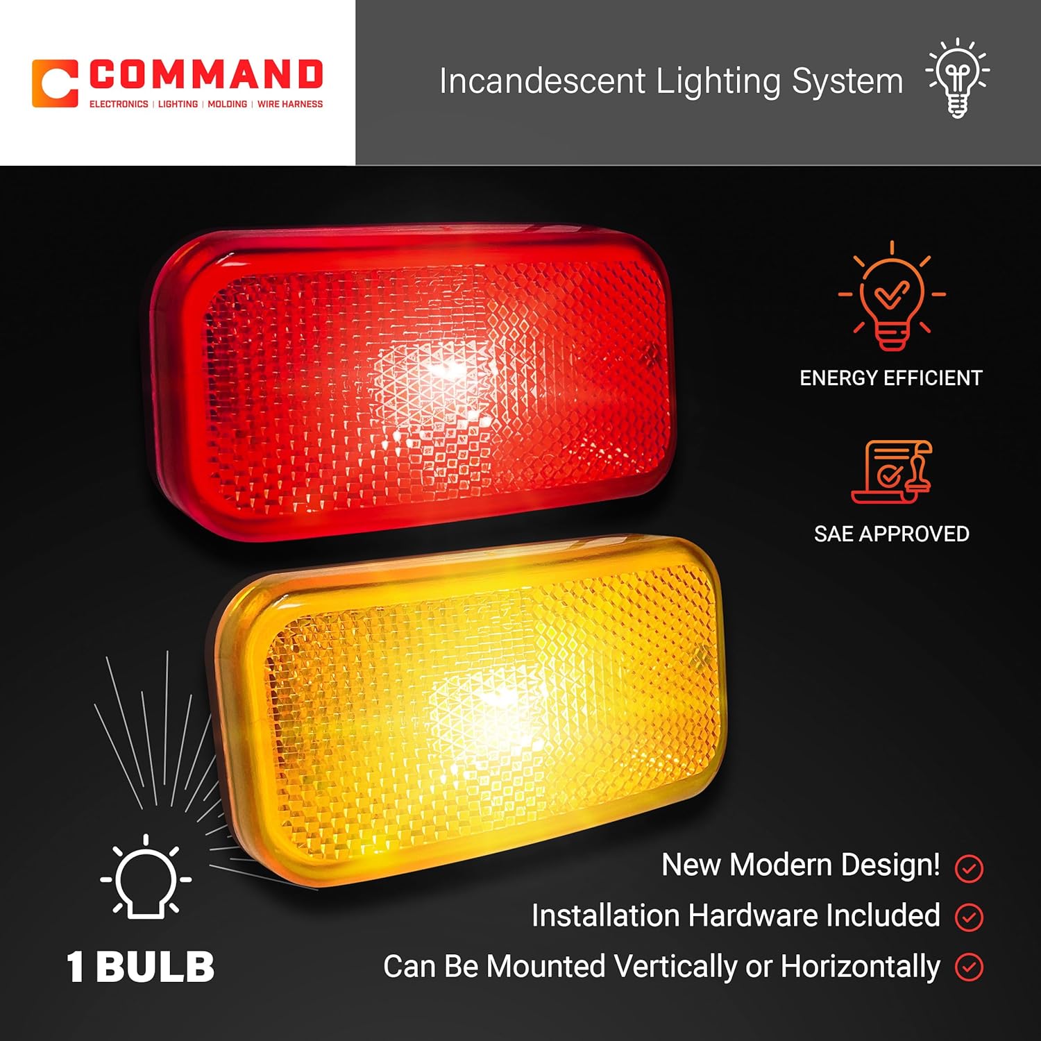 Command Electronics OEM 12V Modern Incandescent RV & Trailer Clearance Light - Made in USA - Durable Design - Surface Mount - Hardware & Connectors Included | Black Base - Amber & Red (14 Pack)
