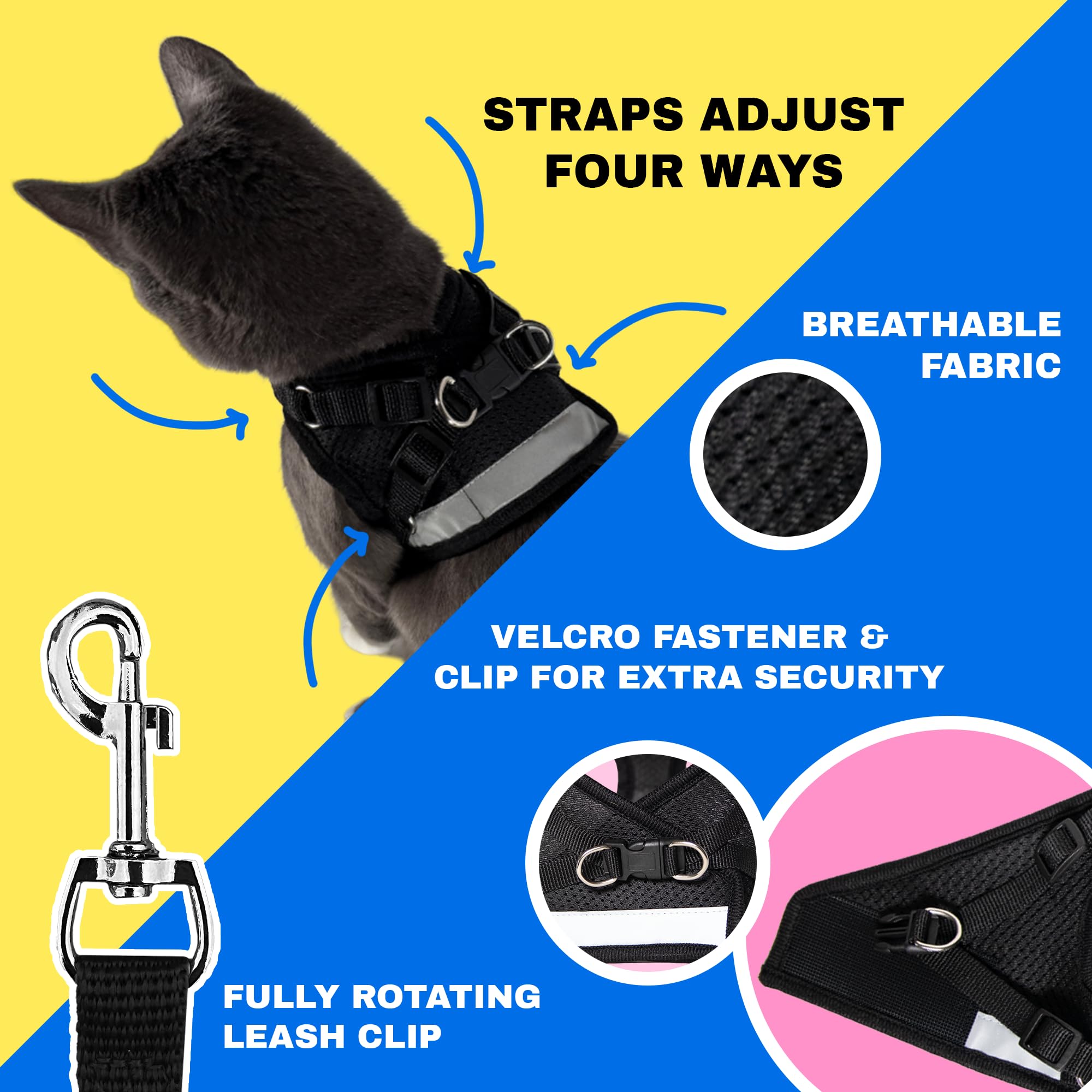Travel Cat: The True Adventurer - Juego de arnés y correa reflectante para gatos y gatitos para caminar, ligero, transpirable, ajuste cómodo, correa fuerte con clip resistente a presión