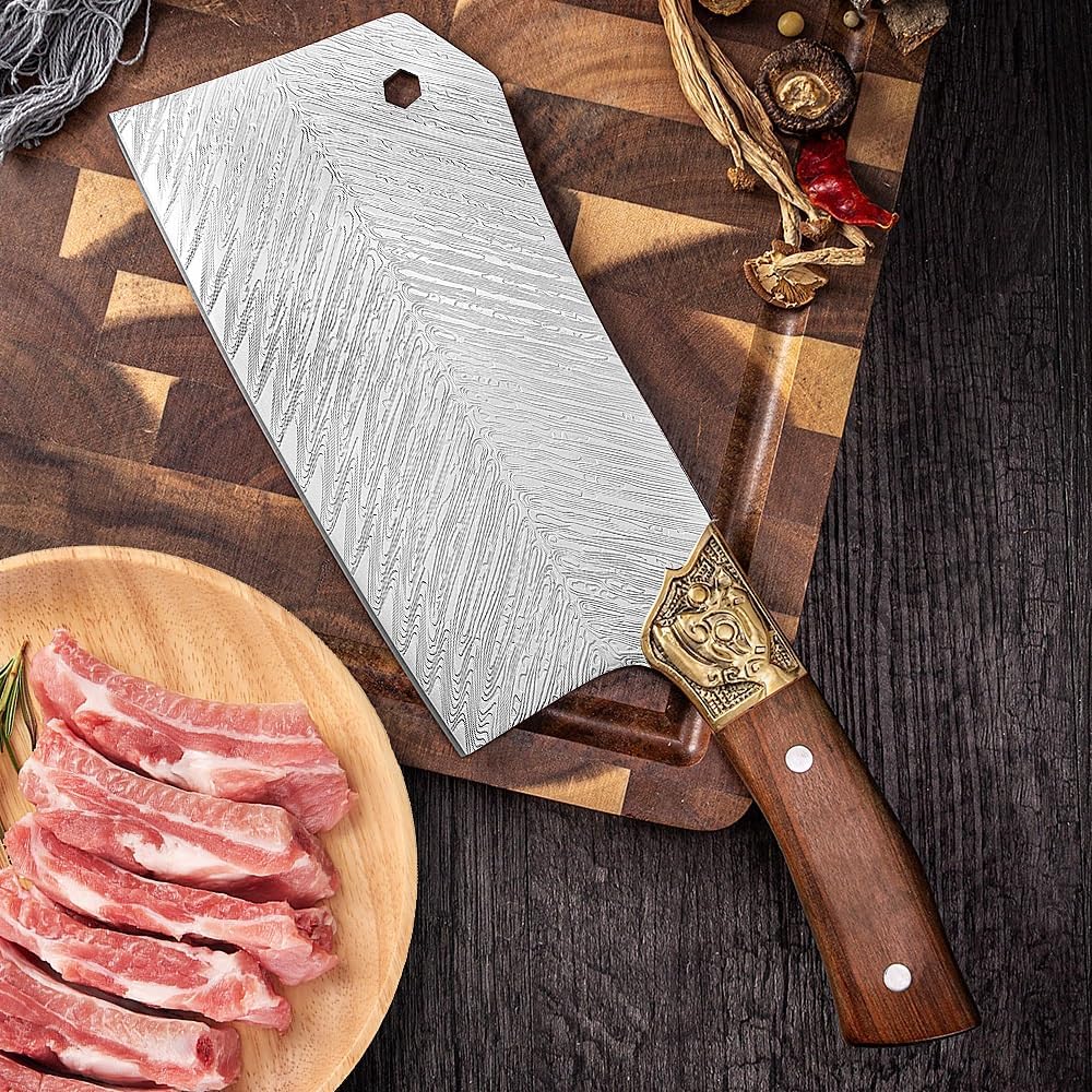 Meat Cleaver,Cleaver Knife, 8 Inch Longquan Kitchen Knife 9Cr18MoV Damascus Steel Copper Decor Sharp Chopper Handmade Forged Fixed Blade Knife Cooking Tools