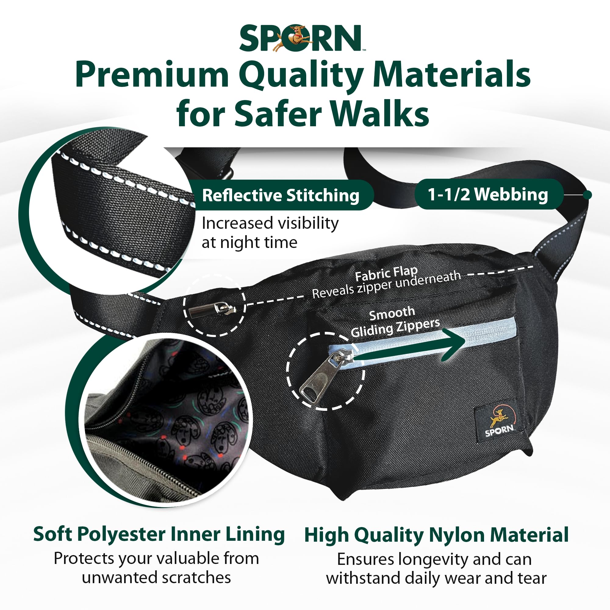 Sporn Sling-to-Belt – Pochette de dressage pour chien, sac à friandises respirant à double couture, sac banane pour la marche, la randonnée et la course à pied, supporte plus de 200 kg, noir