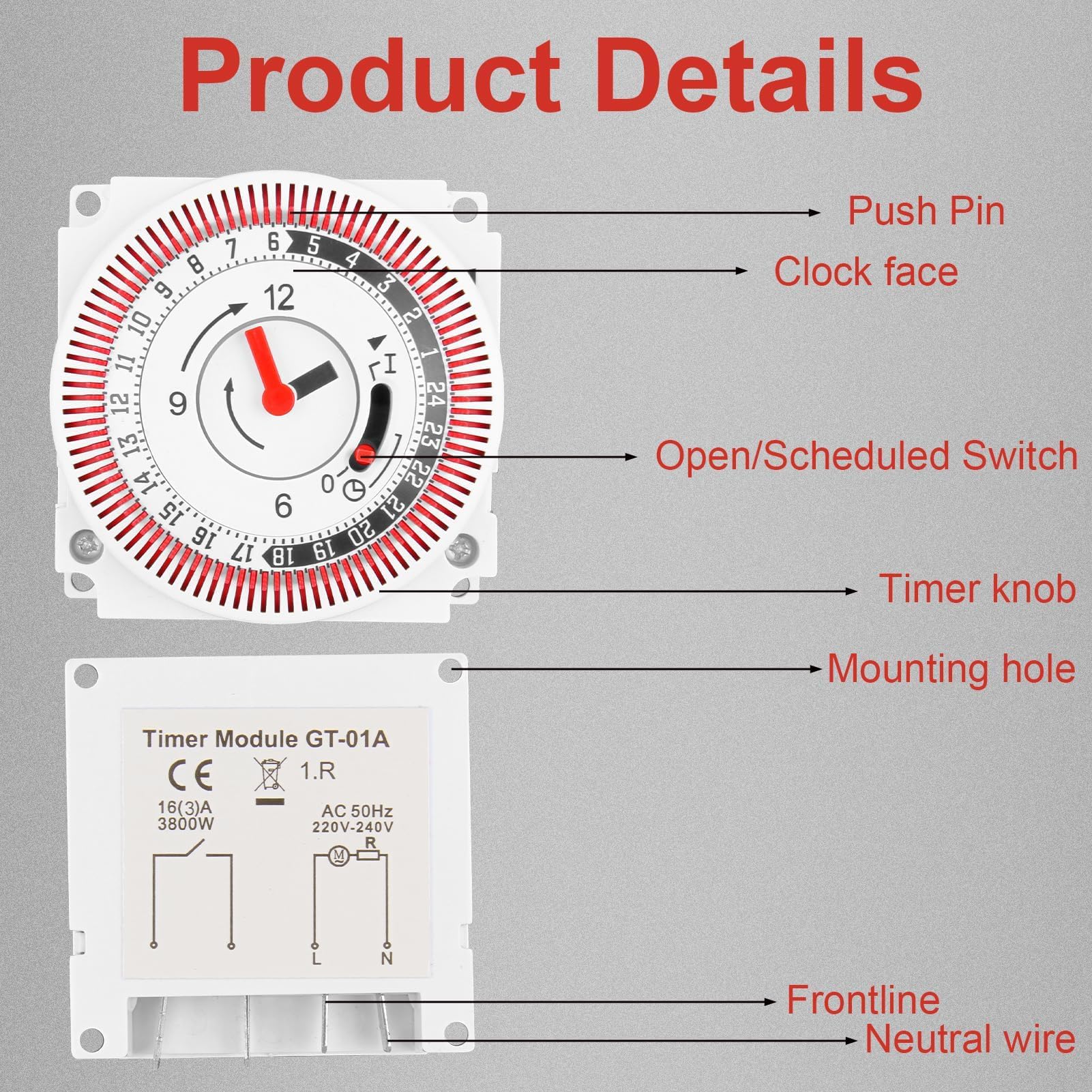 24 Hour Mechanical Immersion Heater Timer Switch, 16A Indoor In-Wall Timer with Manual Override - Image 3
