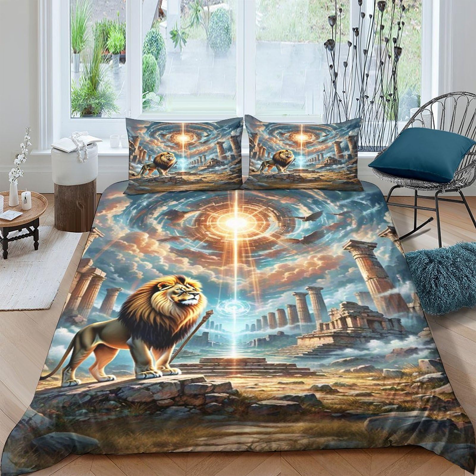 3D Printed Lion Temple Duvet Cover Microfiber Soft Breathable Sunrise Bedding Set with 2 Pillowcases for Bedroom Decor Single（135x200cm）
