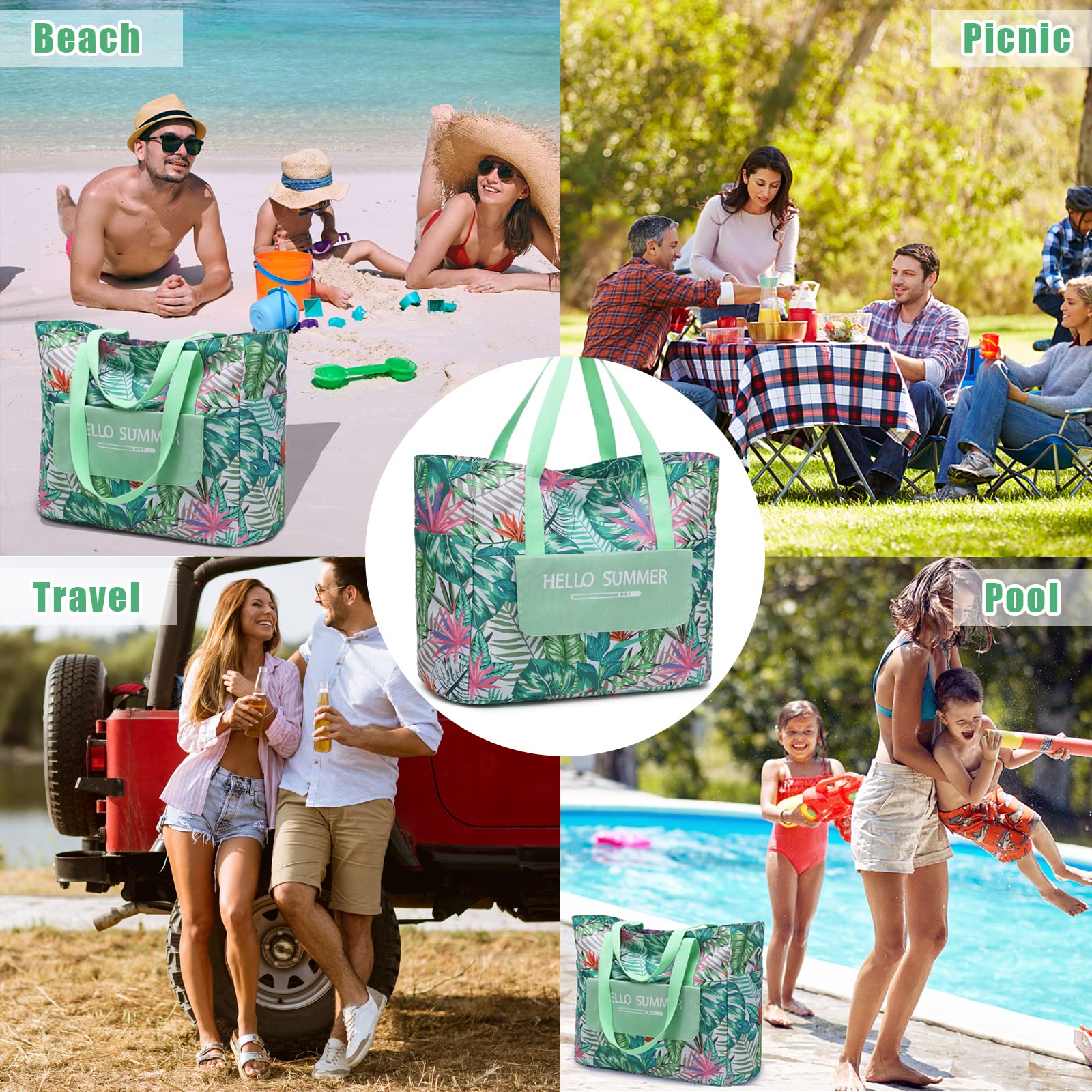 Myhozee Borsa Mare Grande XXL Famiglia, Borsa da Spiaggia Donna Impermeabile con Chiusura Lampo, per Piscina, Gite in Spiaggia, Picnic, Viaggi, Foglia Verde