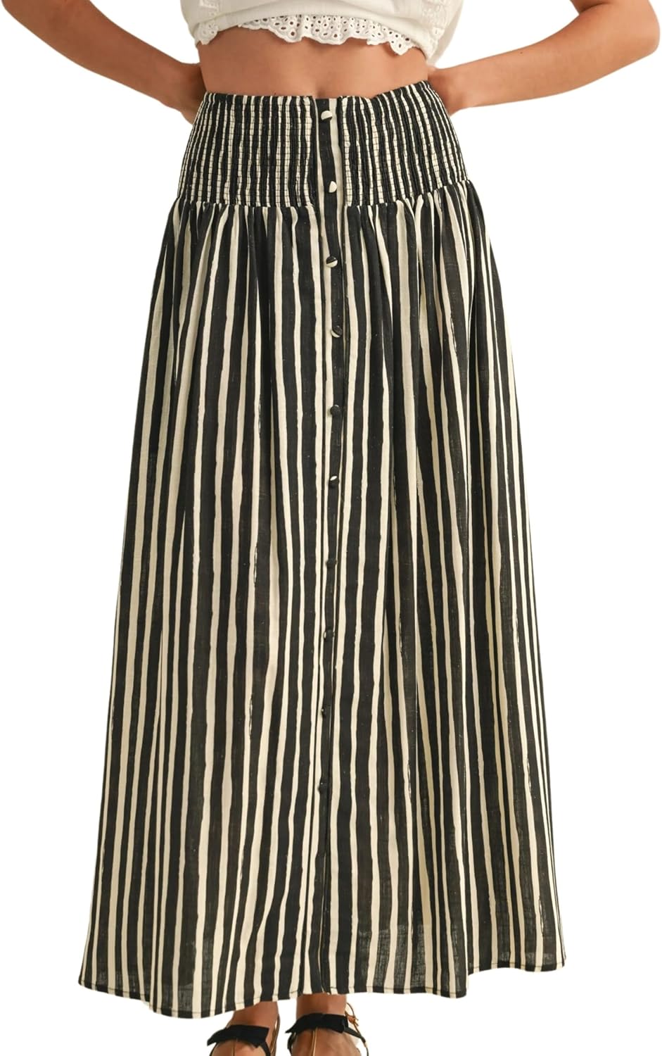 InterNos Womens Striped Maxi Skirt Trendy Front Buttons Elastic Waistband A-Line Boho Long Skirt with Pockets