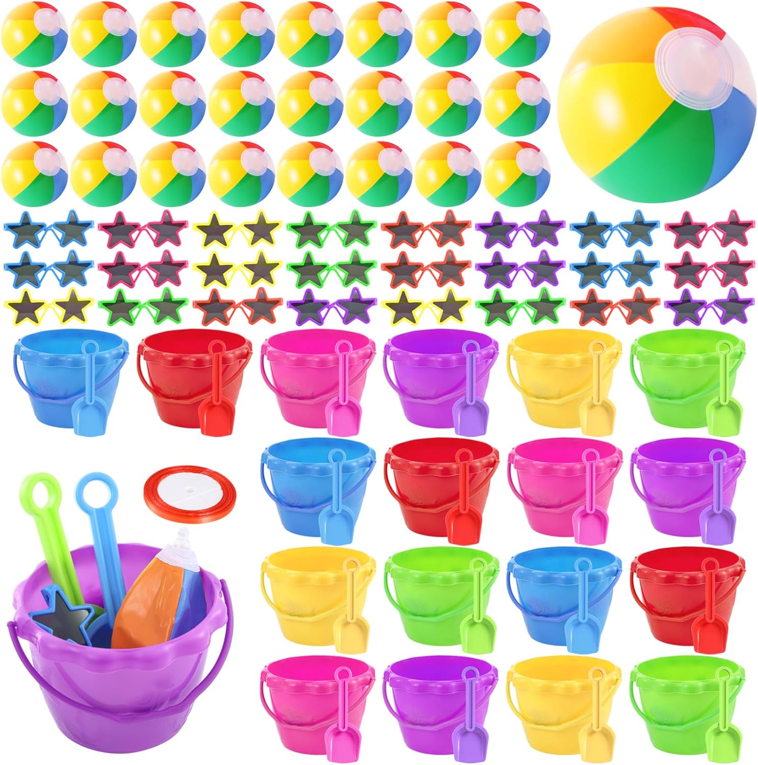 24 Set Summer Pool Party Favors End of Year Students Gift from Teacher Bulk Beach Bucket and Shovels Beach Ball Sunglasses Set Preschool Kindergarten Graduation Gifts for Kids(Classic)