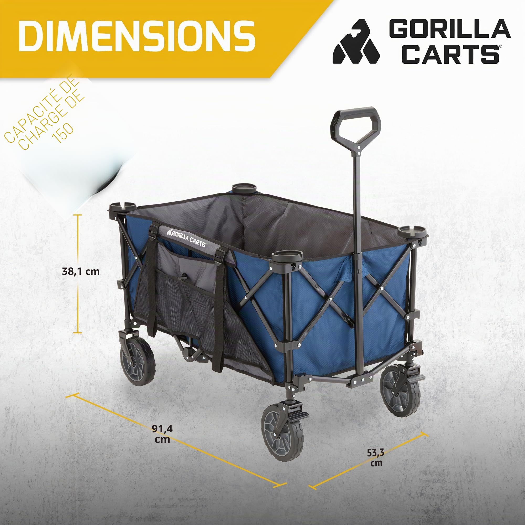 Gorilla Carts Chariot de Festival Pliable de 7 Pieds Cubes, Chariot de Camping Tout-Terrain XXL avec lit surdimensionné et Porte-gobelets intégrés, Chariot de Jardin capacité de 185 L, Bleu