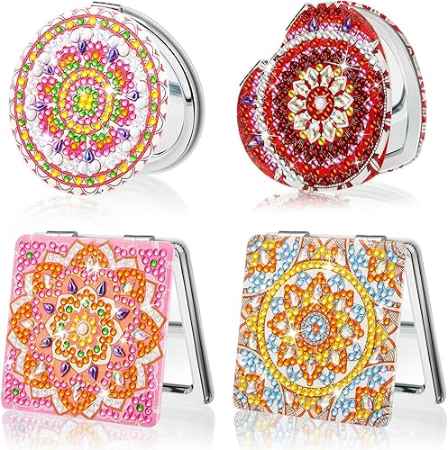 Marsui Espejo compacto de pintura de diamante con mandala, espejo de bolsillo con cubierta de pintura de diamante, aumento portátil, plegable,