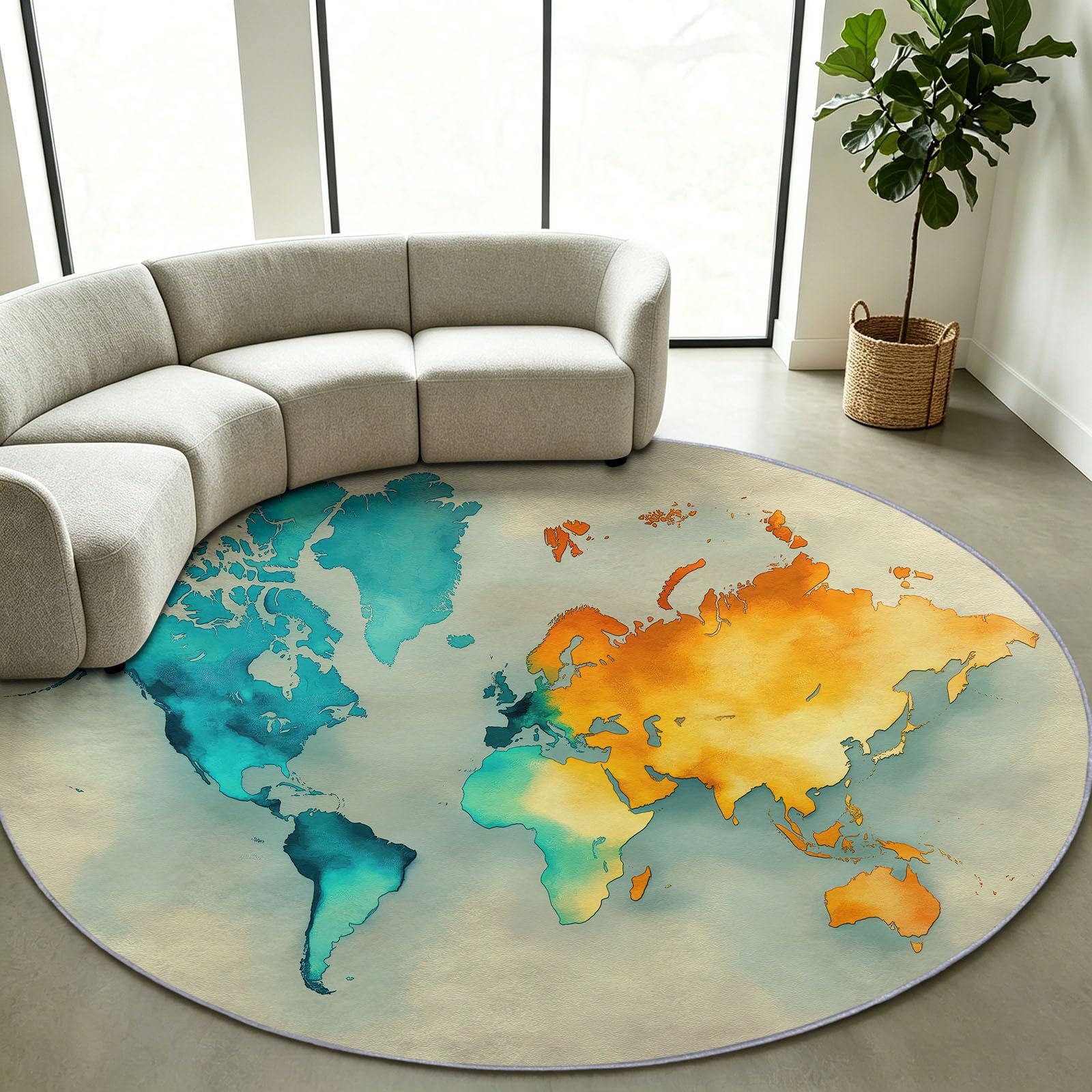 Runder Teppich 180 cm, Weltkarte Atlas Erdkugel Globus Weich Rutschfest Kurzflor Wohnzimmer Schlafzimmer Matte | Waschbar Kunstwolle Küchenteppich, Modern Teppich für Kinderzimmer Esszimmer Büro