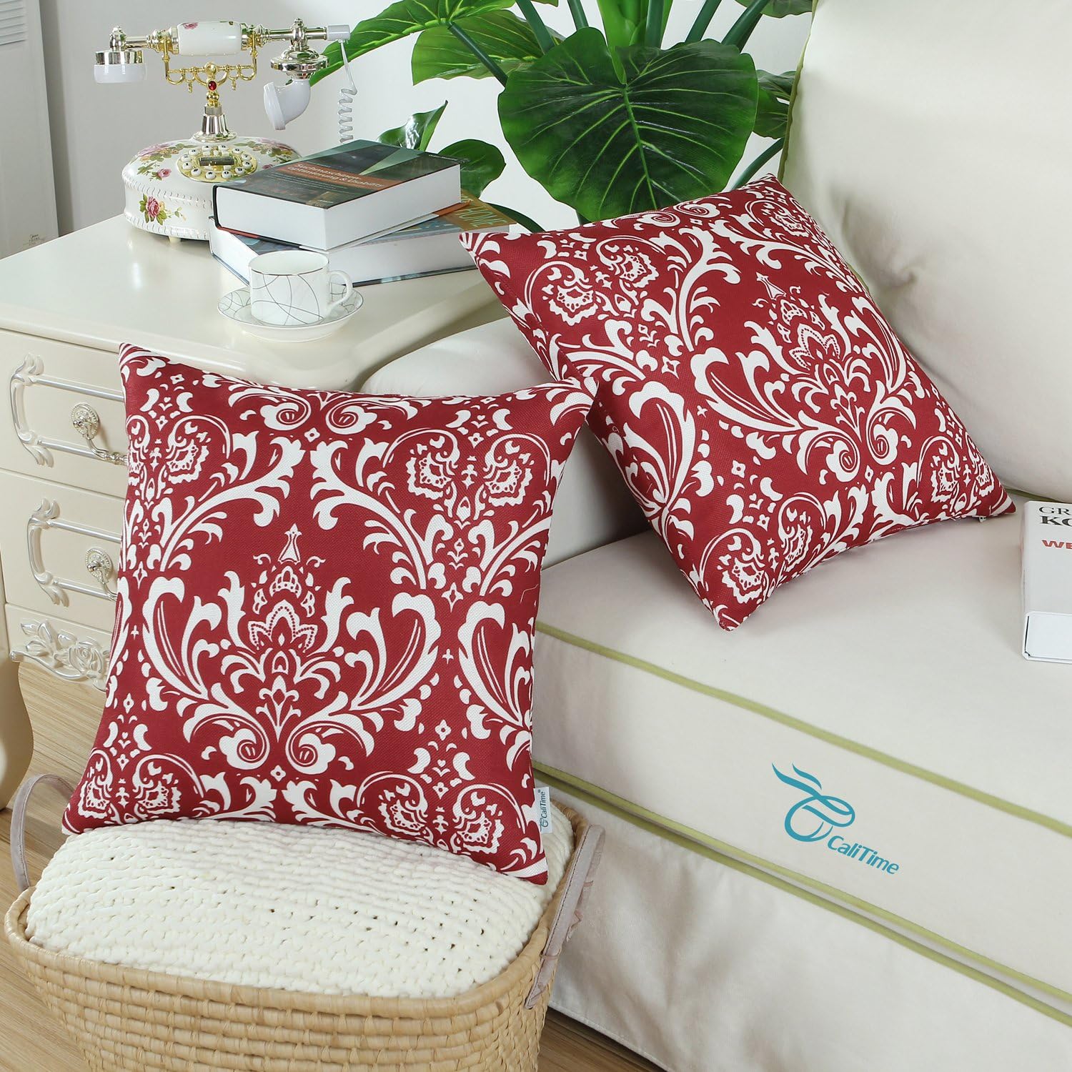 CaliTime Pack of 2 Soft Canvas Throw Pillow Covers Cases for Couch Sofa Home Decoration Vintage Solid Damask Floral 18 X 18 Inches Deep Red