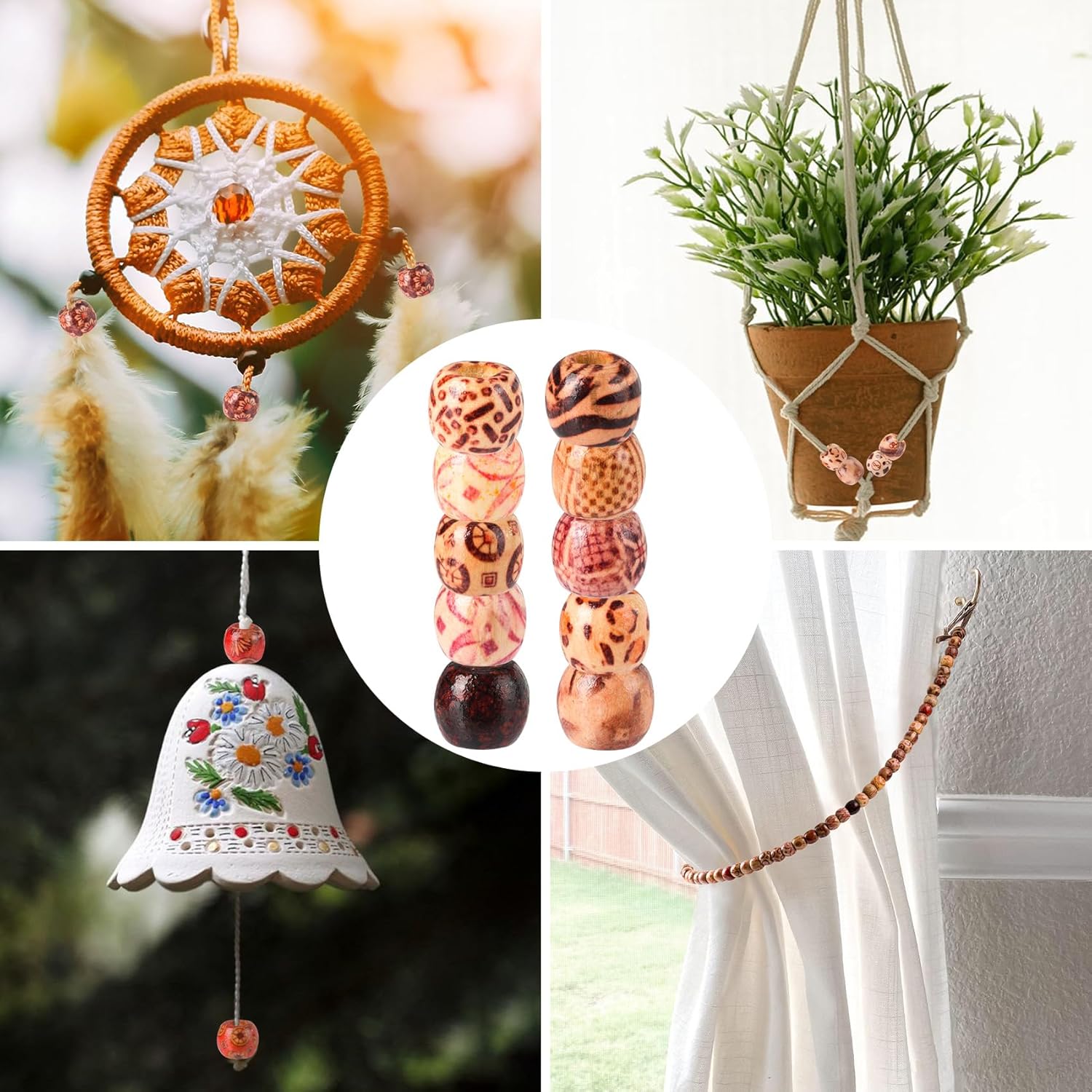 100pcs Wooden Beads for Crafts, Large Hole Natural Wood Hair Bead, Vintage Wooden Spacer Beads for Macrame Necklace Bracelet DIY Craft Handmade Decor- Wood Color - Image 6