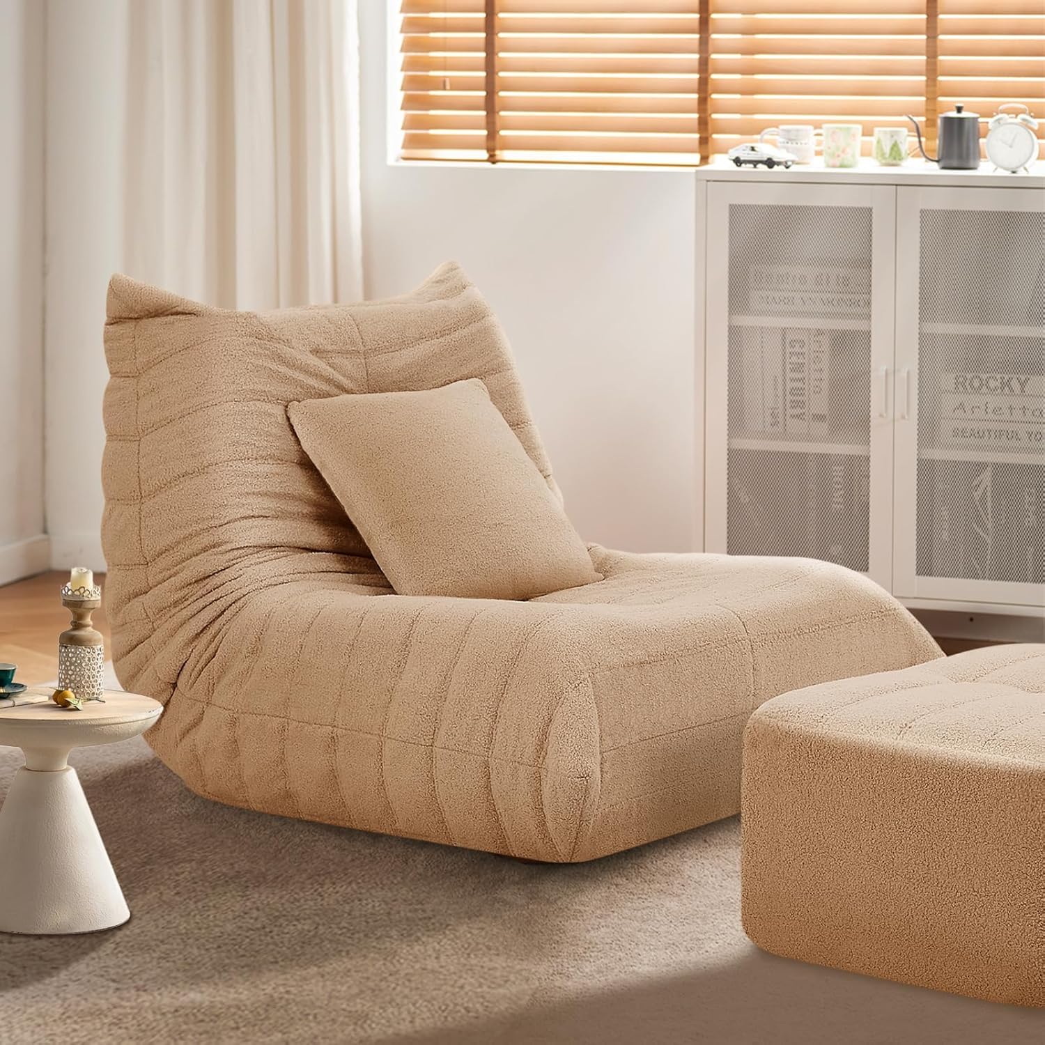 Bean Bag Chair with Ottoman, Comfy BeanBag Chairs for Adults,Giant Bean Bag Lounger with Memory Foam Filled,Teddy Lazy Sofa Reading Chair for Bedroom, Living Room,Dorm,Camel