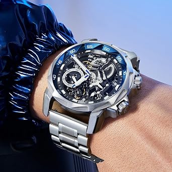 FEICE FM511 Mens Automatic Skeleton Watch, Luxury Sapphire Crystal Glass Blue Dial Luminous Hands 5ATM Waterproof Sport Watch with Silicone Strap Men's Casual Mechanical Wrist Watch , Silver