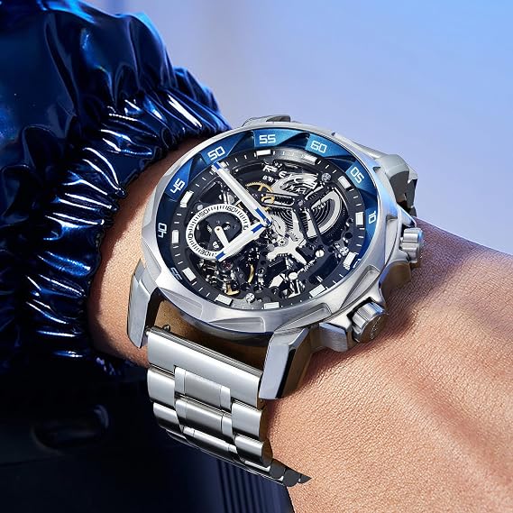 FEICE FM511 Mens Automatic Skeleton Watch, Luxury Sapphire Crystal Glass Blue Dial Luminous Hands 5ATM Waterproof Sport Watch with Silicone Strap Men's Casual Mechanical Wrist Watch , Silver