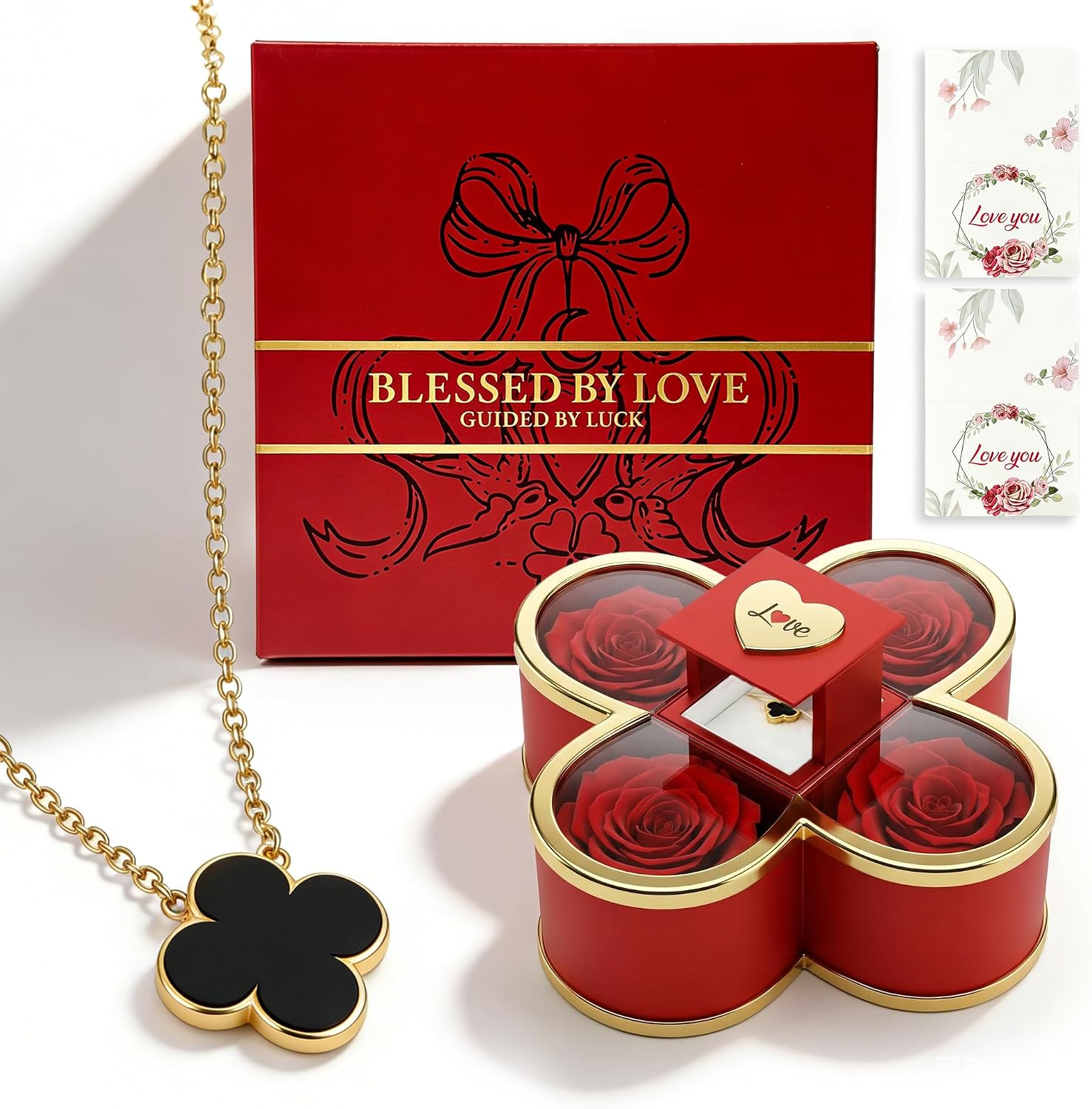 Yueur Preserved Real Red Rose Gift Box with Four-Leaf Clover Necklace
