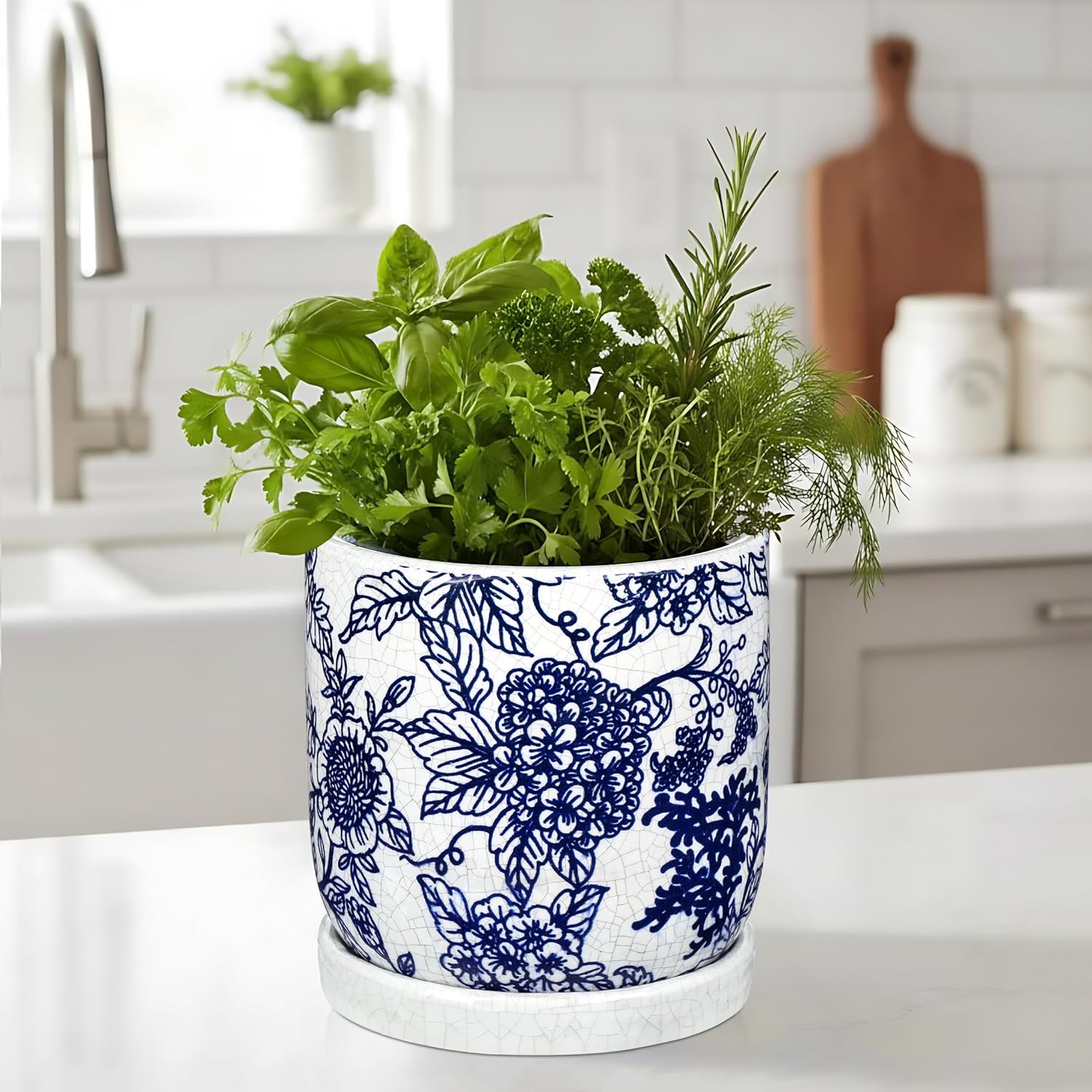 Blue and White Ceramic Planters, Ceramic Flower Pots with Drainage Hole & Saucer, Vintage Cracked Glaze Ceramics Plant Pots for Succulents, Herbs, Orchids, Home, Office, Garden, Tabletop, Shelf Decor