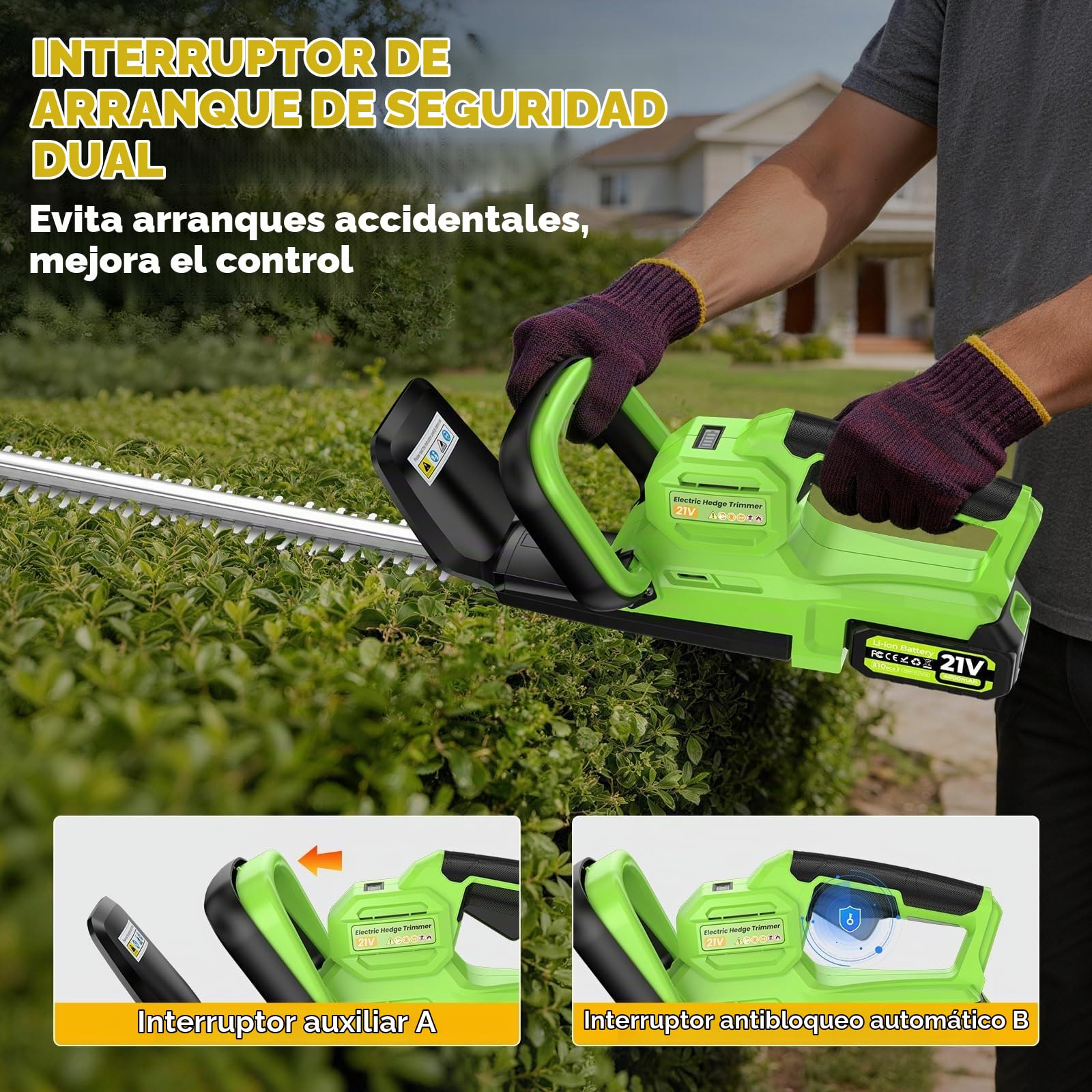 Cortasetos Bateria, Cortasetos Electrico 21V, 800W con Cuchilla De Acero 70mn4 De 50 Cm, Corte Bidireccional De 16 Mm, 2 Baterías De 4000mah, Protector De Seguridad para Jardín y Arbustos