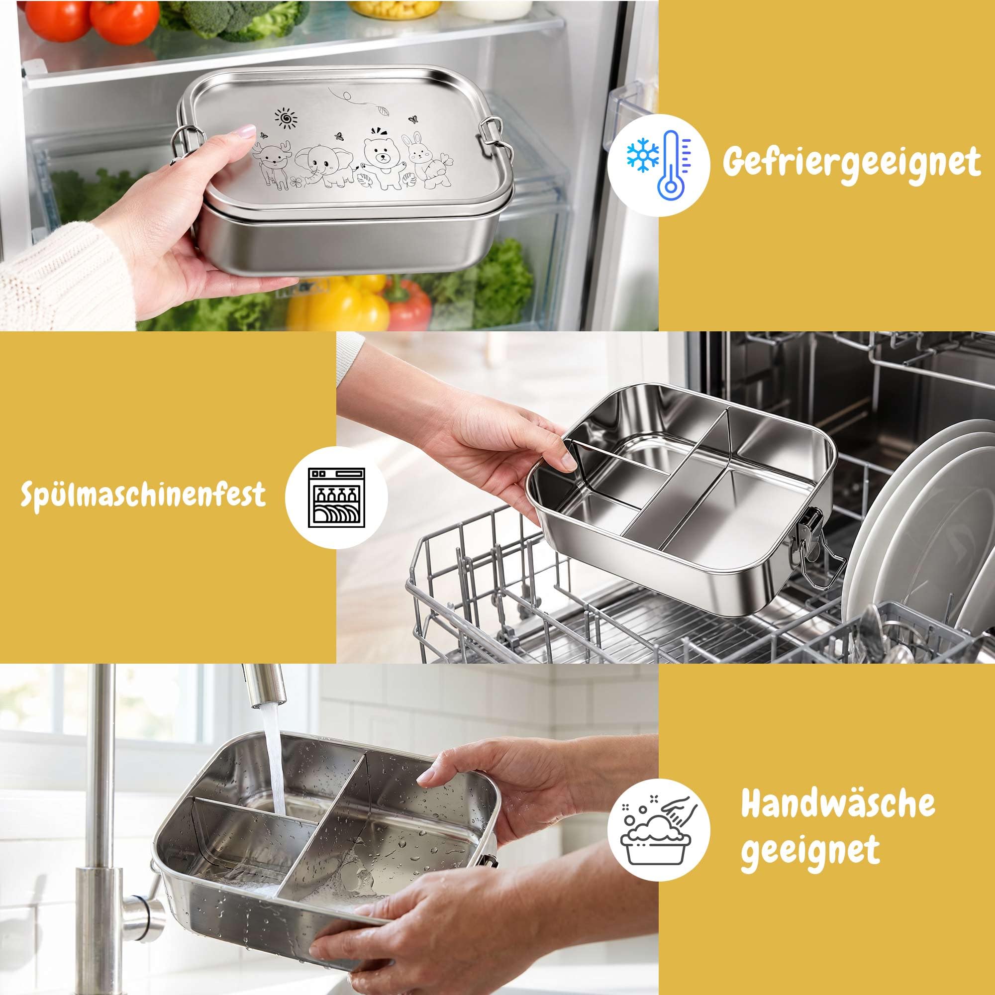 OXYEFEI Brotdose Kinder mit Fächern,Brotdose Edelstahl mit Gabel und Löffel Bunte Buchstabenaufkleber Individuell gestaltbare Namen Geschenk für Jungen und Mädchen (Dinosaurier, 1000ML)