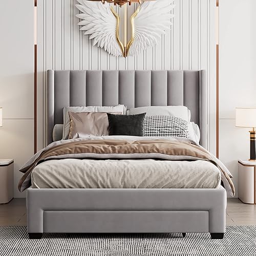 Miniatura 3 de JIVOIT Cama de plataforma tapizada de terciopelo de tamaño matrimonial, cama de almacenamiento con un cajón grande y dos bolsillos pequeños, marco
