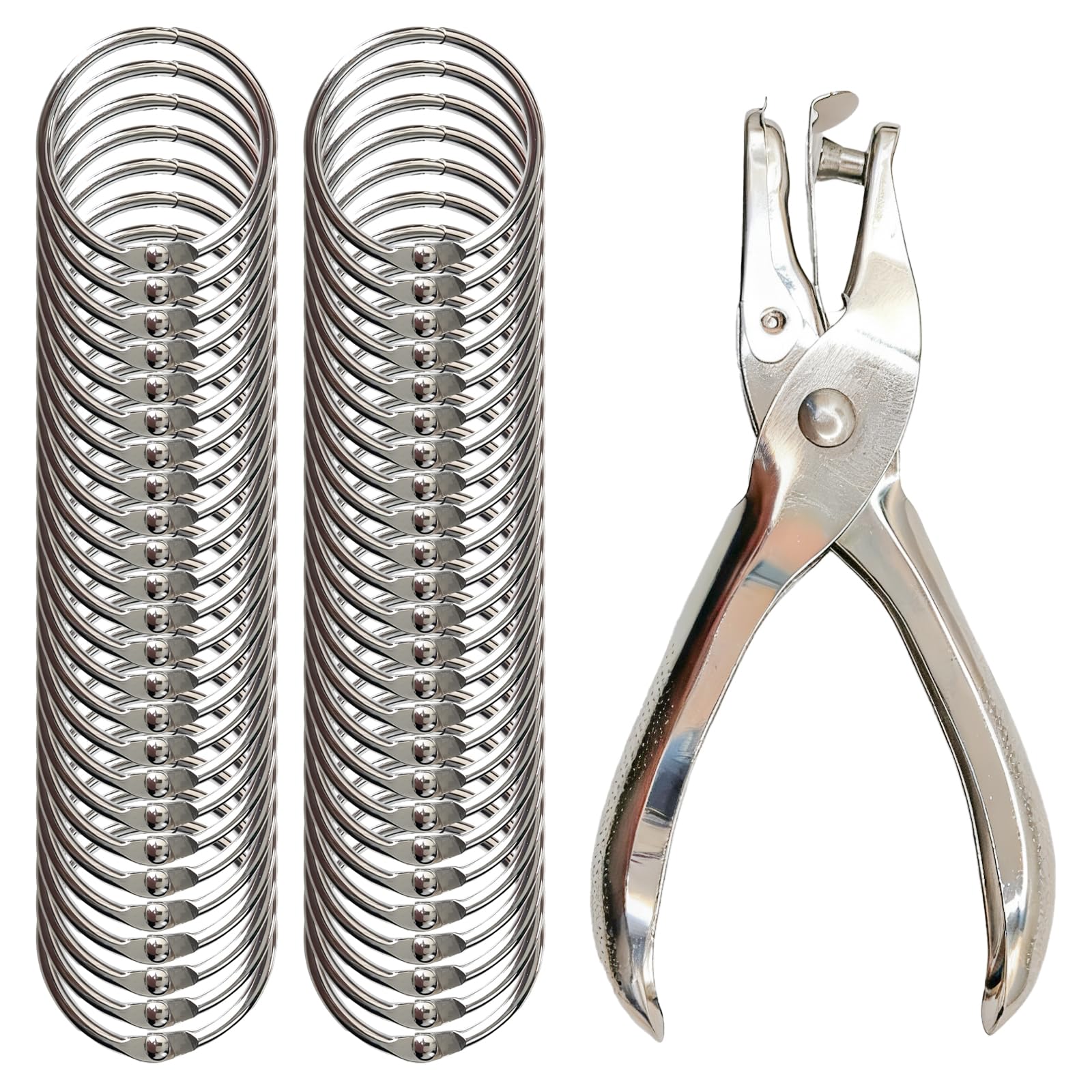 50 anelli per raccoglitori da 2,5 cm, con 1 perforatore, 10 colori, piccoli anelli colorati in acciaio per libri, quaderni, per scuola, ufficio, casa (argento)