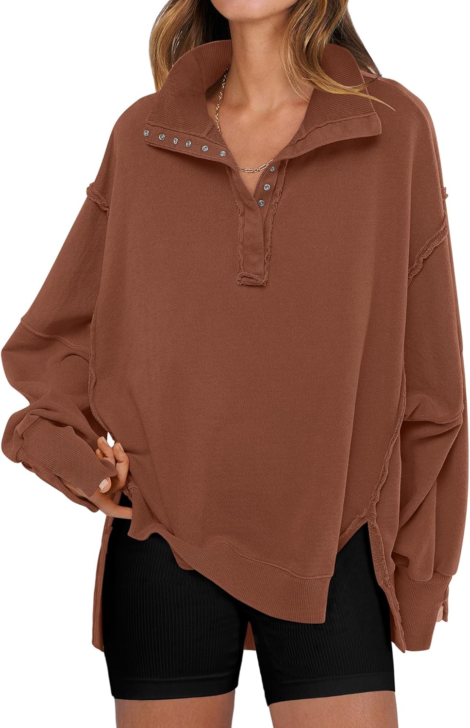 ANRABESS Women's Sweatshirts Oversized Casual Loose Button Up Henley Pullover Top High Low Split 2025 Fall Fashion Outfits