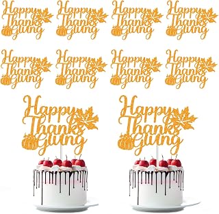 12 Pack Glitter Happy Thanksgiving Cake Toppers, 4.1x5.9 Inches Glittery Festival Thanksgiving Day Food Picks, Large Autumn Harvest Theme Desserts Decorations for Holiday Party Supplies