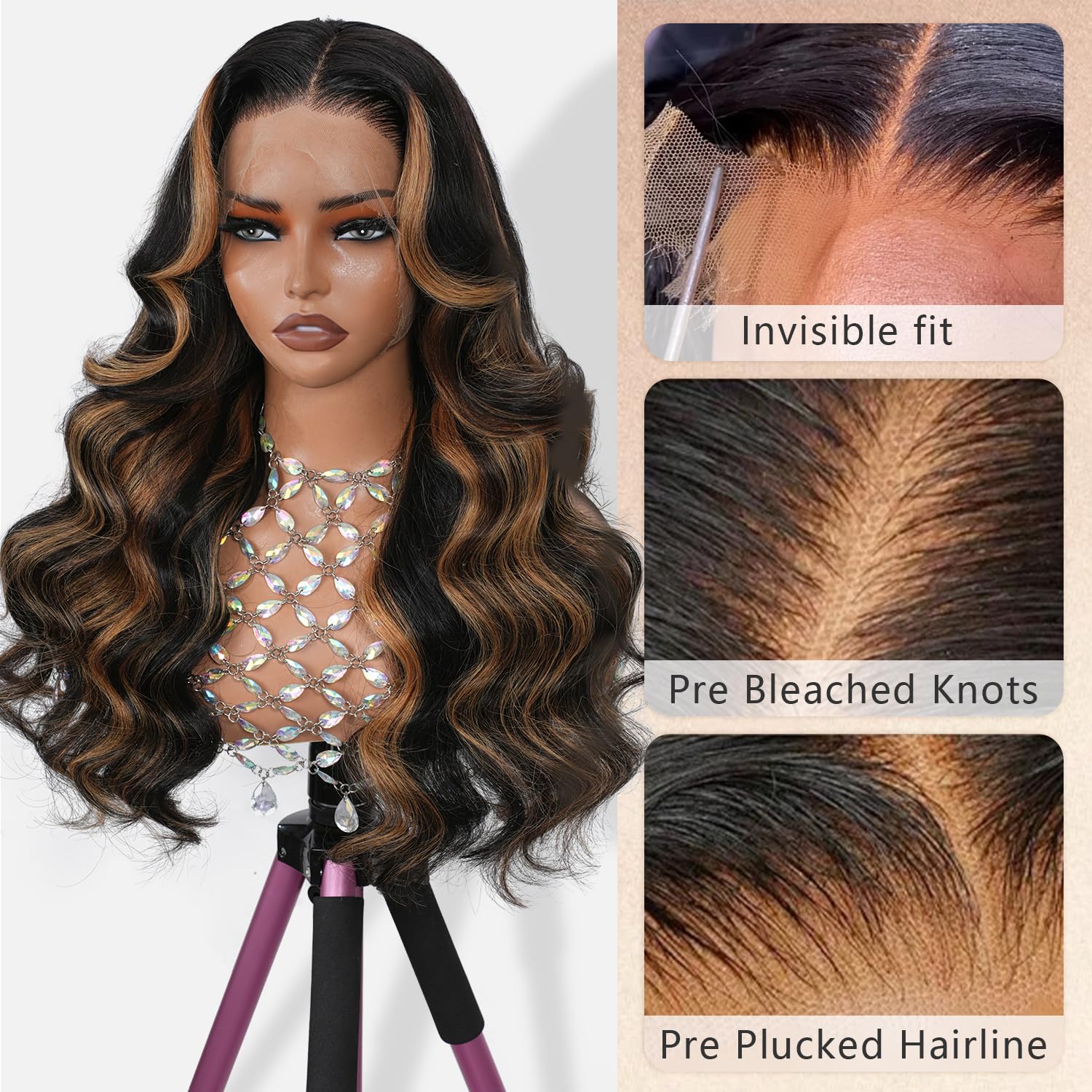 SKINLIKE HD Lace Wig 13x4 Full Frontal Body Wave Lace Wigs (Highlight 1B/30 Skinlike HD Lace Wig, 32 Inch)