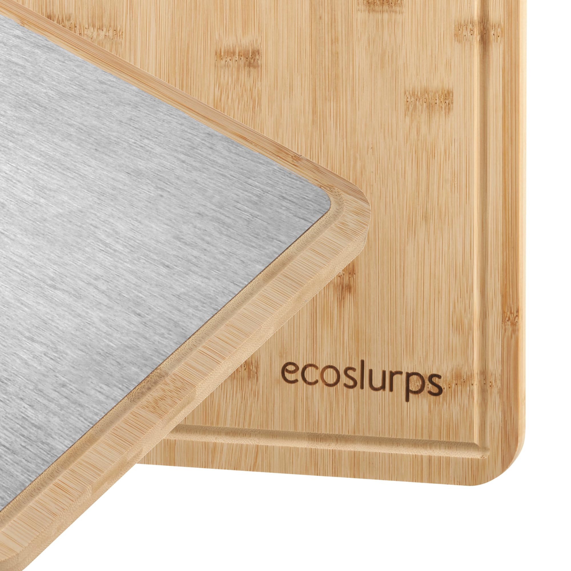 EcoSlurps Tagliere double face con superficie in acciaio inossidabile 304 e legno di bambù naturale, 36 x 25 (39 x 28)