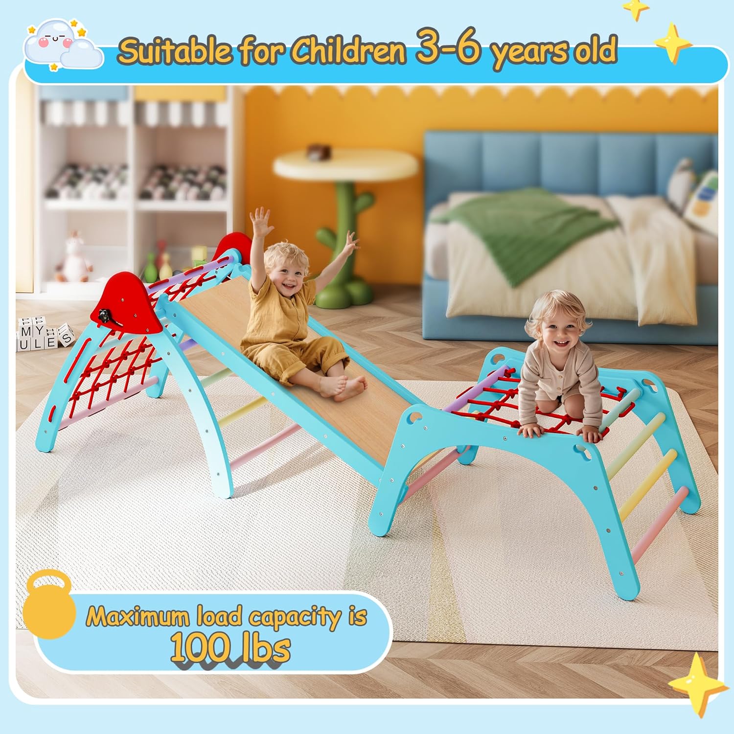 Pikler Triangle Set 7in1 Toddler Toy Indoor Foldable Wooden Montessori Climbing Set Jungle Gym for Kids Colored for Baby 1-6 Years