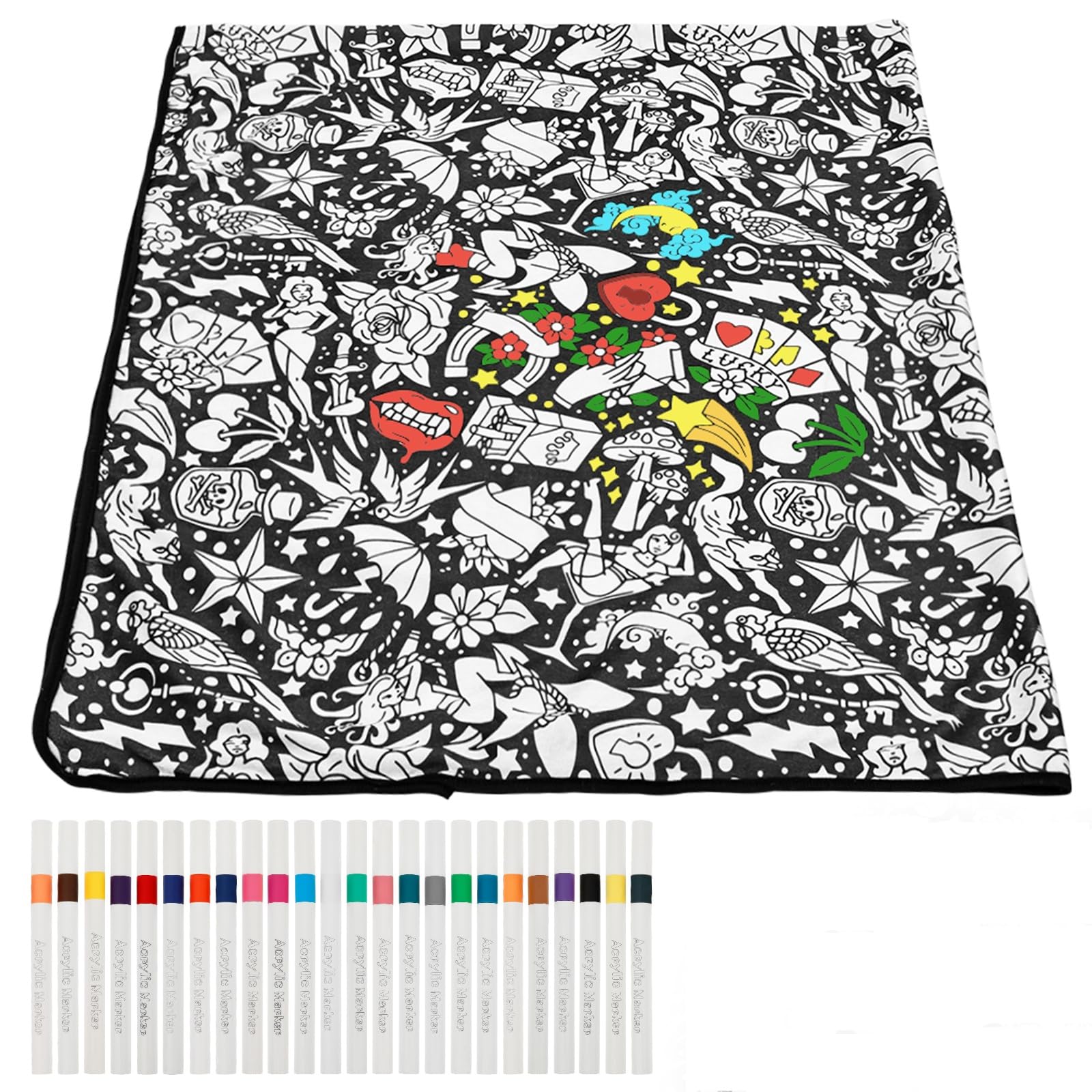 YUNYOUC DIY Colouring Blanket with 24 Colour Markers, Colour Your Own Throw Blanket for Adults, Creative Personalized Cozy Soft Fleece, Personalized Home Decor Ideal Choice, (Style B)