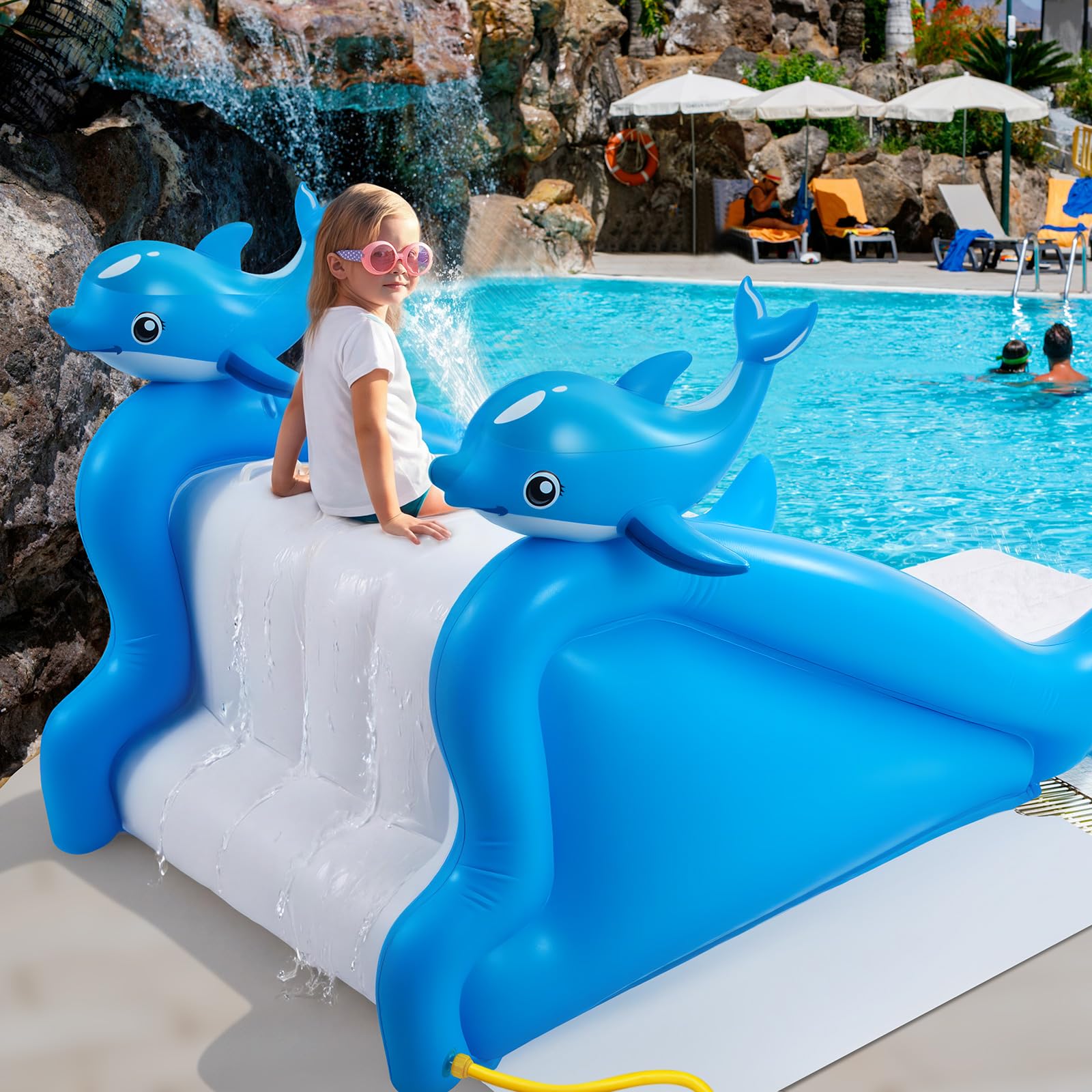 Photo 1 of Seenelling 98 Inch Giant Inflatable Dolphin Pool Slide, Extra Large Inflatable Water Slide, Fun Outdoor Water Play Summer Swimming Pool Play Center Parties for Adults