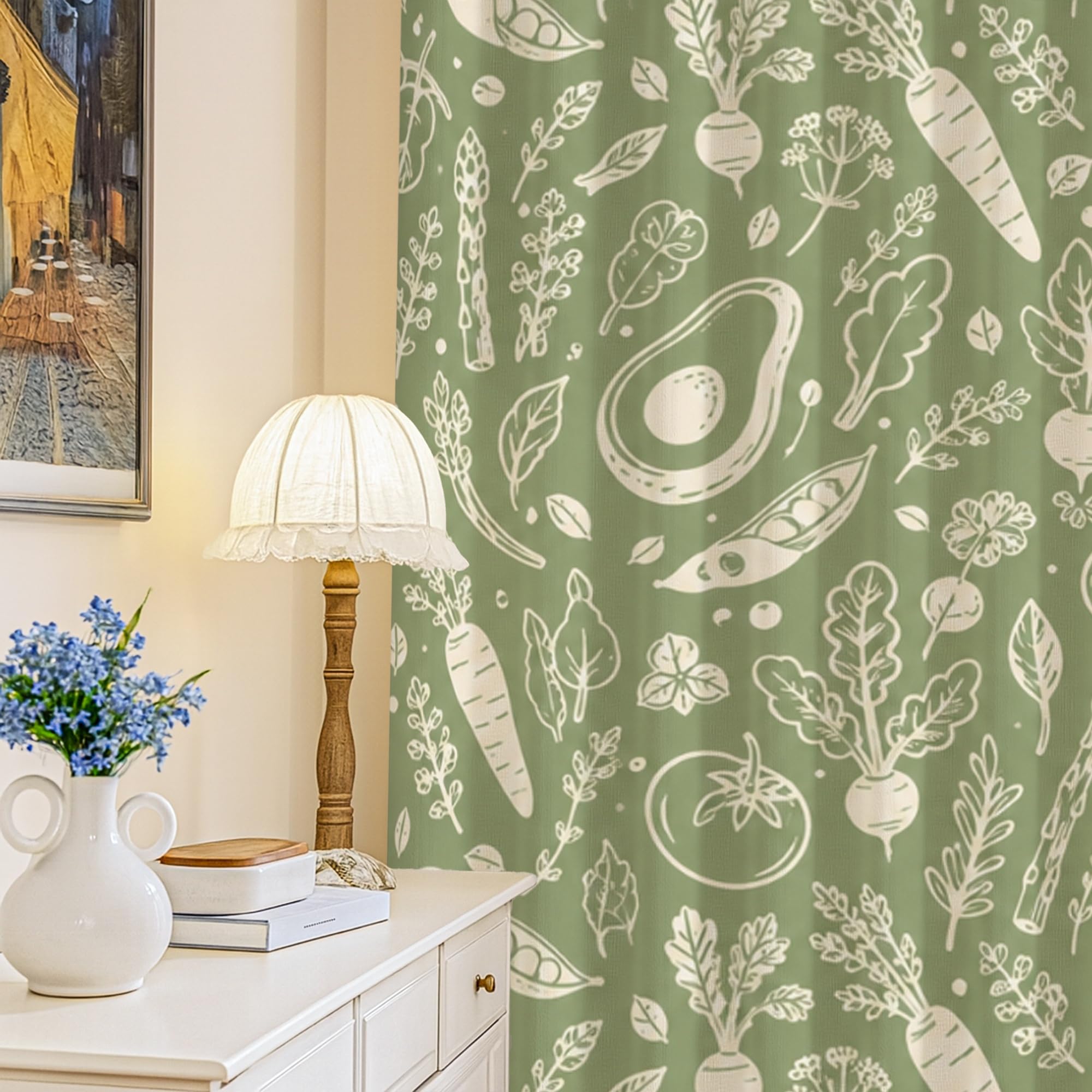 Rideaux occultants de chambre 132x213 cm motif botanique vert