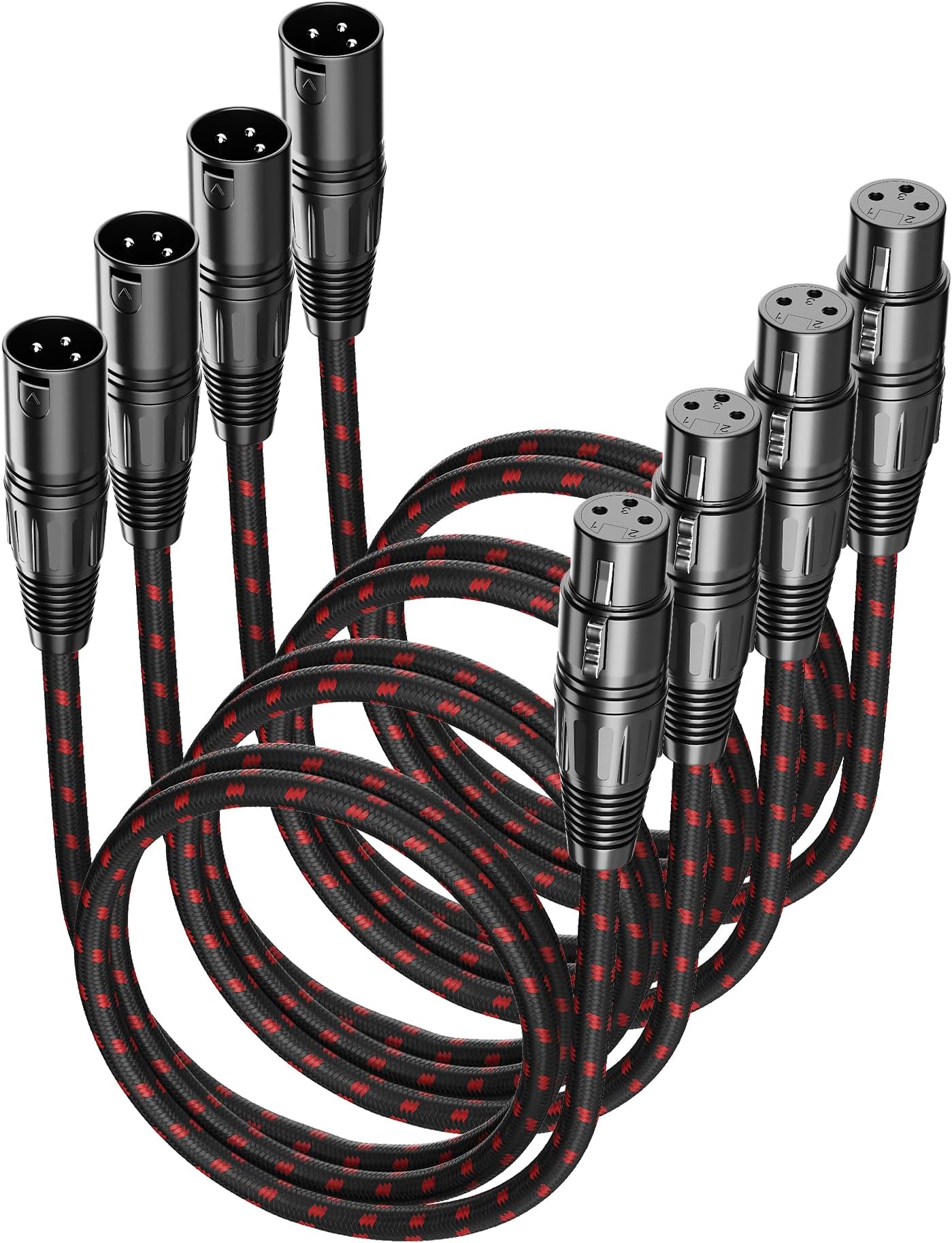 XLR Cables 3 FT 4 Pack, XLR Microphone Cable Male to Female, Nylon Braided, Compatible with Microphones, Mixer, Speaker Systems and More, Black-Red
