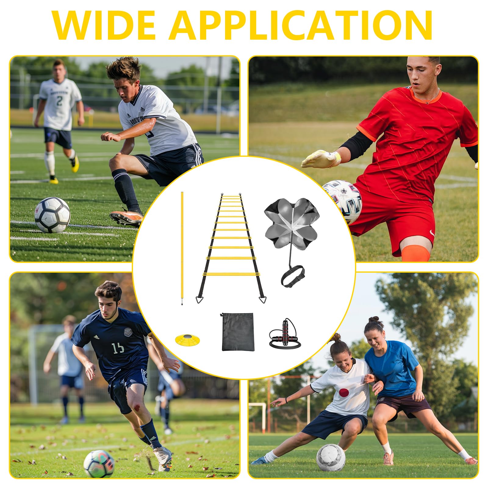 Kit Entrenamiento Futbol, Speed ​​Agility Training Kit para Agilidad Escalera de Agilidad 6M 12 Conos Deportivos 6 Postes Slalom Paracaídas de Resistencia Cuerda de Saltar y Bolsa de