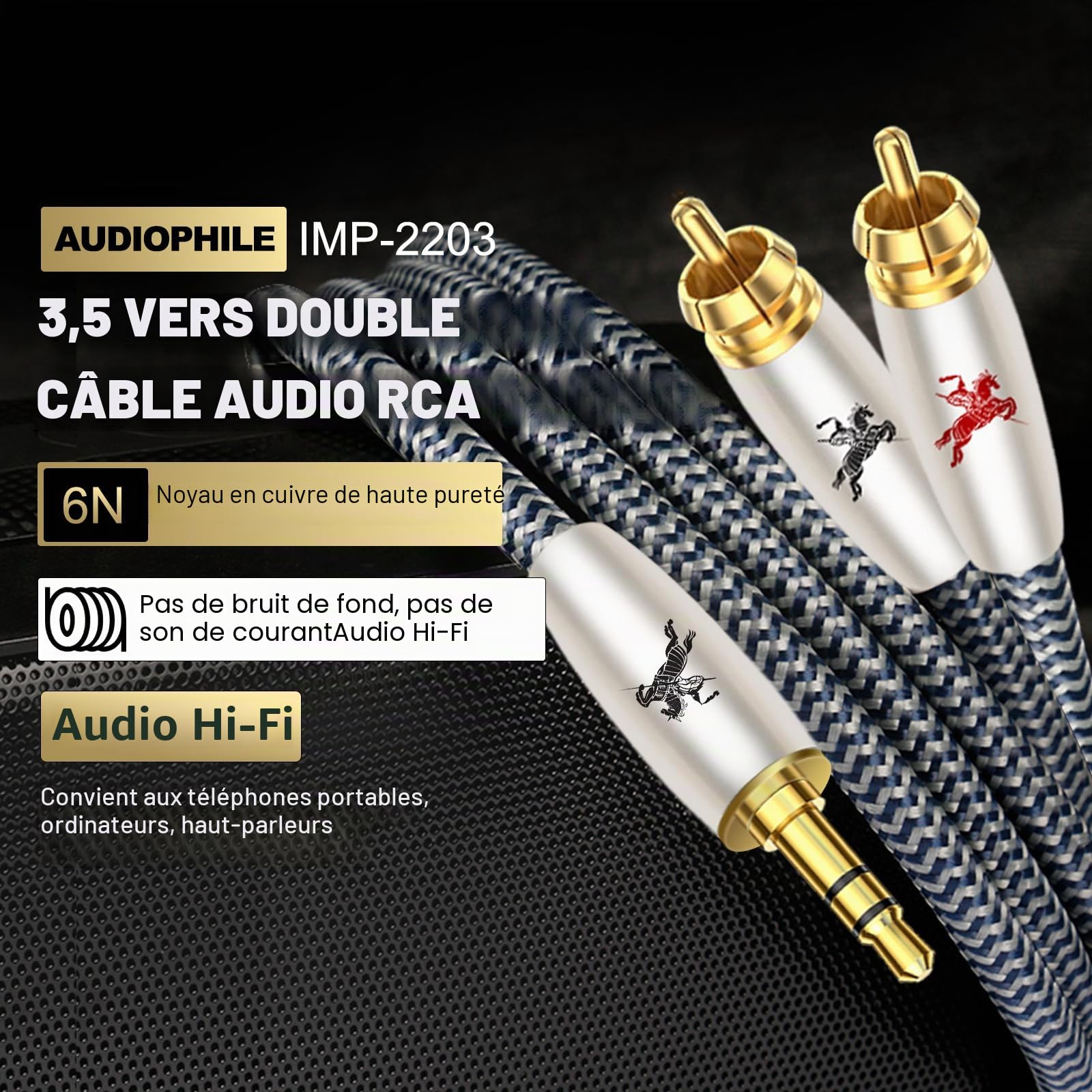 Impeto Cable RCA Jack 3.5 mm Câble Jack vers 2 RCA Mâle Adaptateur Audio Y HIFI haute de gamme qualité audiophile pour TV Smartphone DVD PC Home Cinéma Amplificateur Hi-Fi 5 m