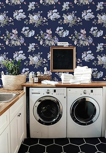 Miniatura 4 de Papel tapiz floral oscuro para despegar y pegar, papel tapiz vintage de 16.9 x 118.1 pulgadas, papel de pared azul marino, papel de pared