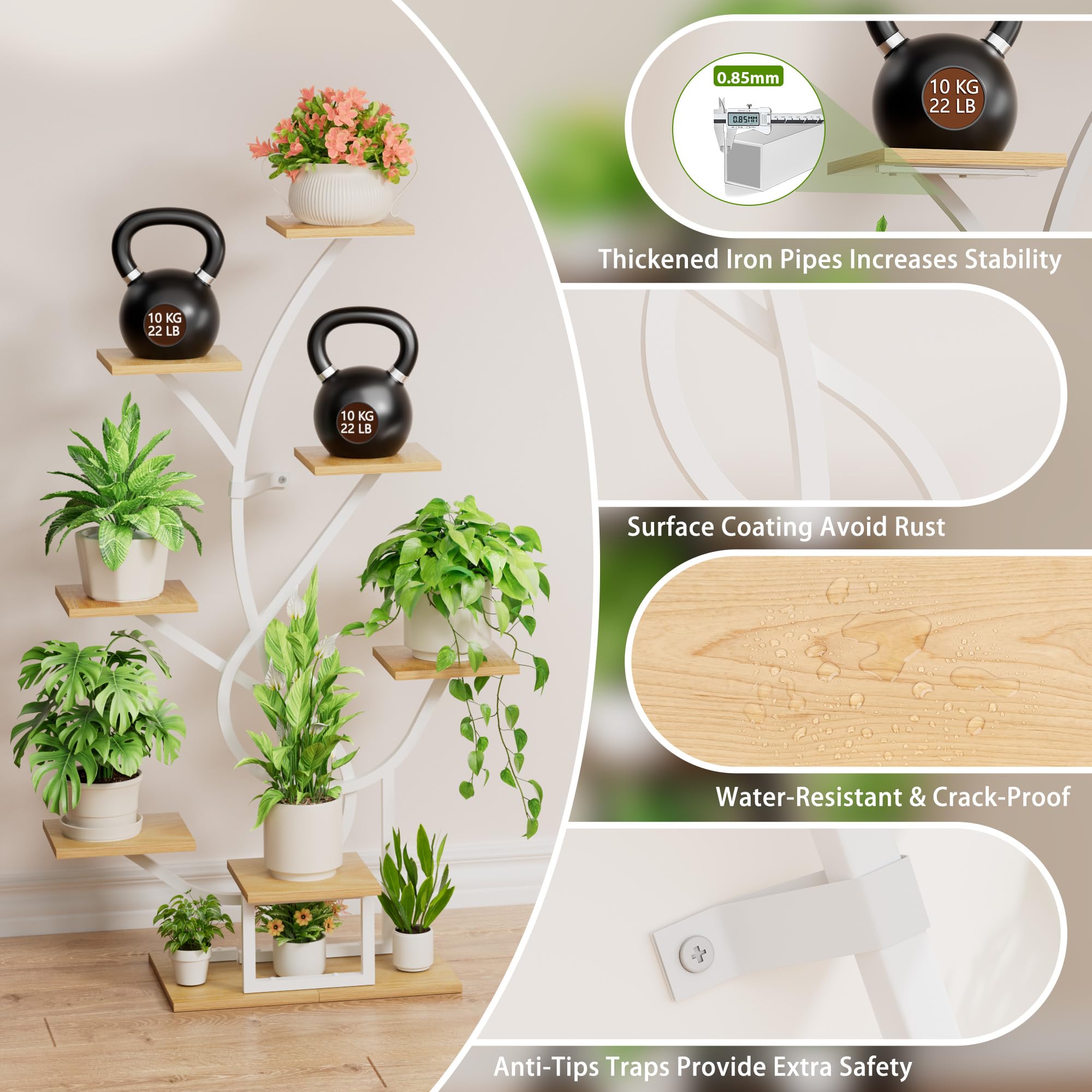 BACEKOLL Soporte para plantas con luz de crecimiento - 8 niveles, soporte para flores de 126 cm, metal y madera, estantería para plantas - para interior y exterior, escalera para flores - Blanco
