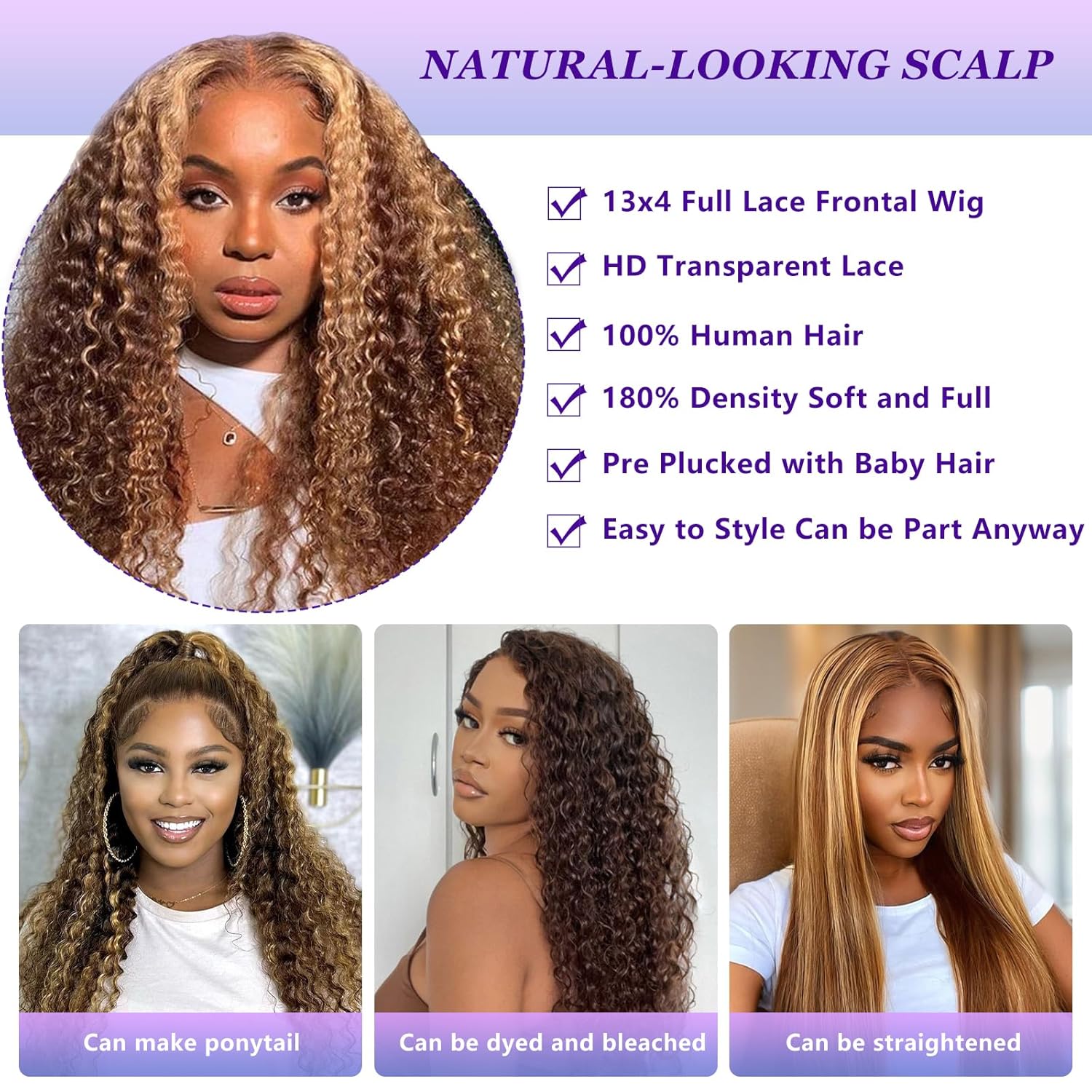 Honey Blonde Wig Human Hair water Wave 13x4 HD Ombre Lace Front Wigs P4/27 Highlight Curly Human Hair Wig 210% Density Pre Plucked Human Hair Frontal Wigs for Women 26inch