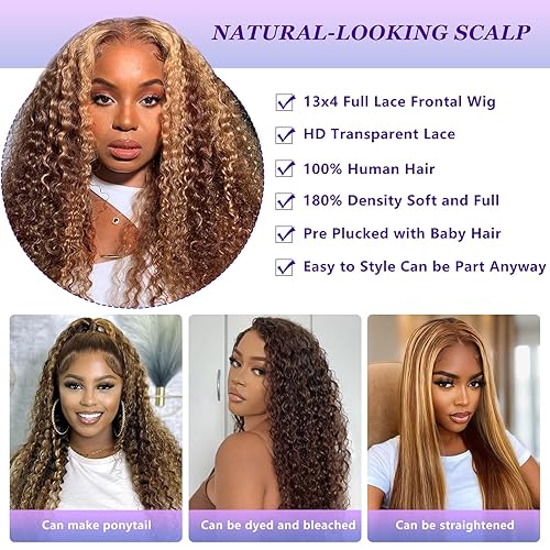 Miniatura 5 de 13x4 Highlight Ombre Lace Front Wig Human Hair Pre Plucked HD Transparent 4/27 Honey Blonde lace frontal Wigs with Baby Hair 180% Density Colored