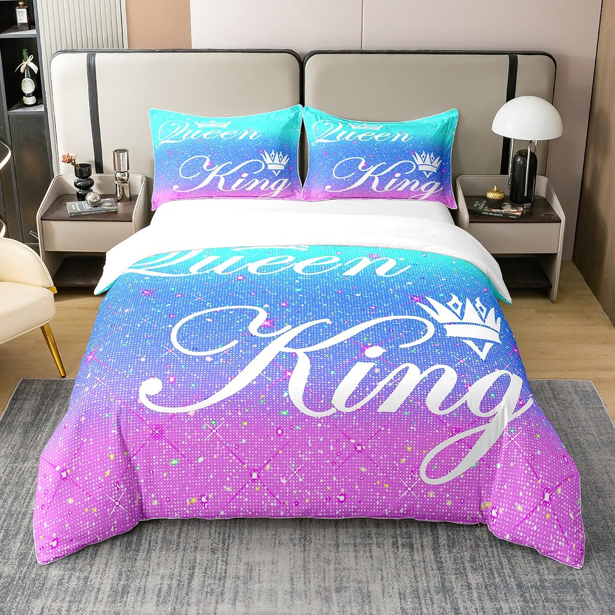 Gradient Cotton Duvet Cover (Not Comforter),Blue Pink Print Colorful Pearl Dreamy Decor Comforter Cover,Hand Drawn Crown Romantic Girly Bedroom Decor Comforter Cover 2 Pcs with 1 Pillowcase Twin