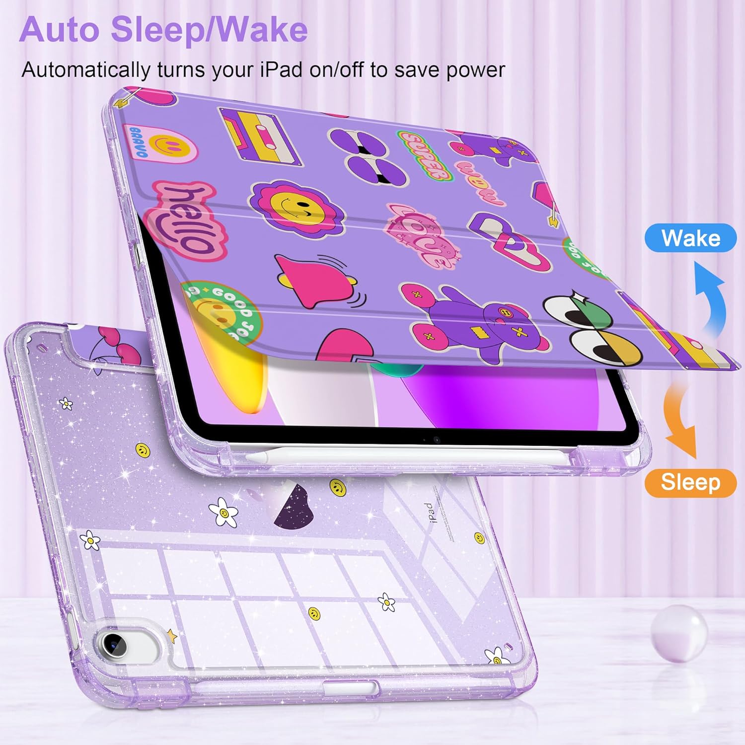 Batianda Glitter Case for iPad (A16) 11th Gen 11 inch 2025 / iPad 10th Gen (10.9 Inch) 2022 - Cute Aesthetic Cover with Silky Pearl-Sheen Finish, Shockproof Clear Sparkle Back, Retro Stickers