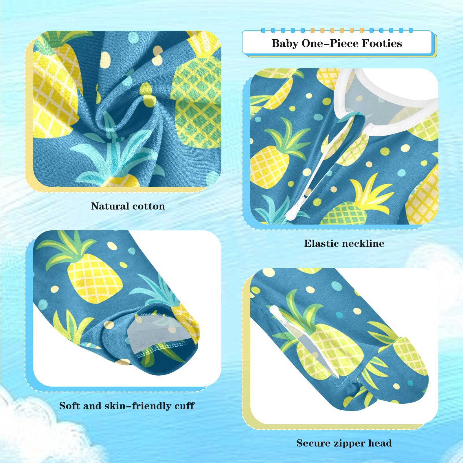 Dussdil Yellow Blue Pineapples Baby One-Piece Footies Newborn Rompers Pajamas Cotton Footed Pjs for Sleep Play Boys Girls 3 Month