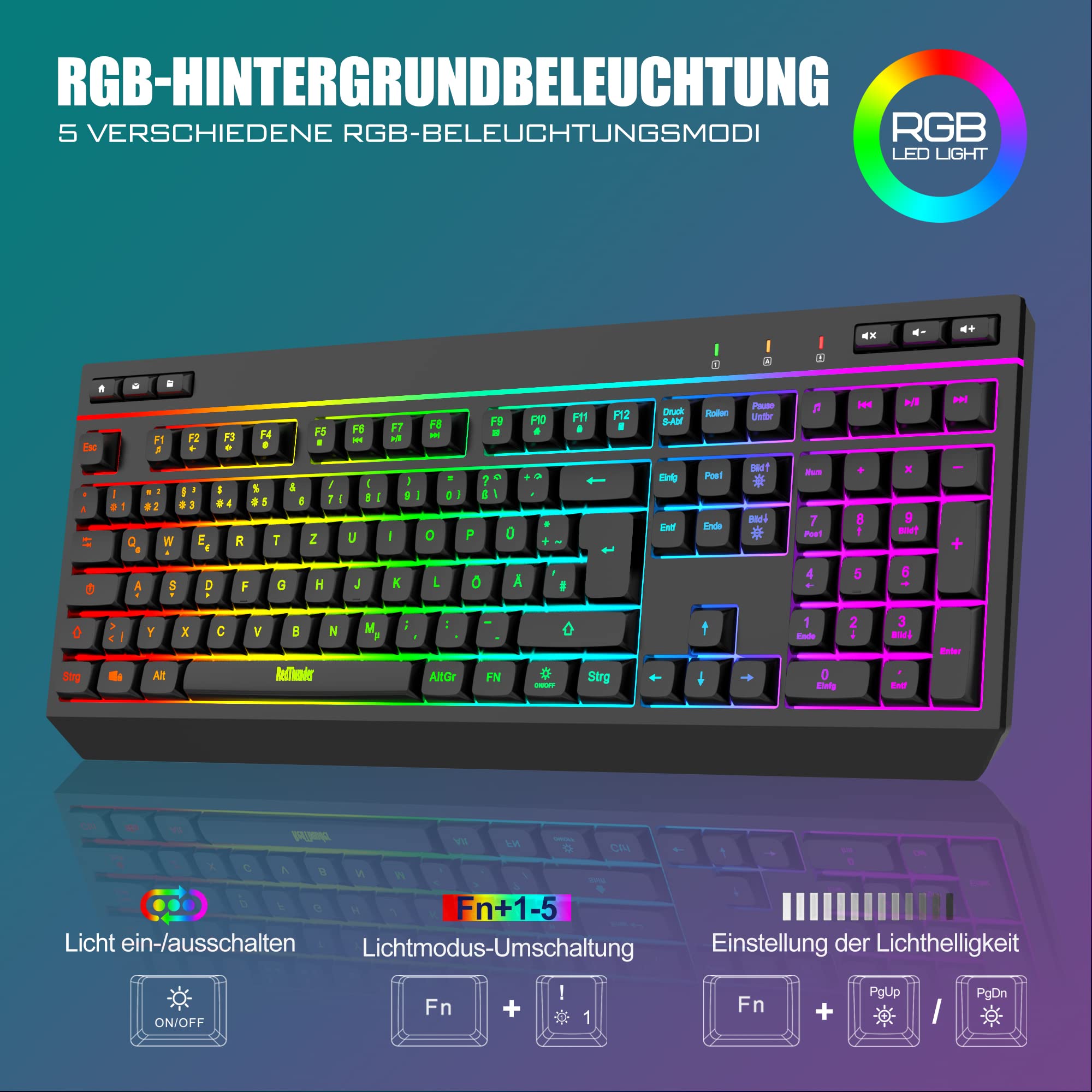 RedThunder K20 Juego de teclado y ratón inalámbricos para gaming, diseño QWERTZ DE, retroiluminación RGB + teclas de función multimedia, ratón inalámbrico de 4800 ppp para PC, Mac, portátil (negro)