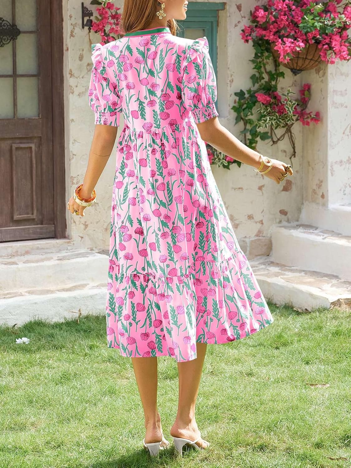 Wenrine Womens Summer Midi Dress Casual Floral Puff Short Sleeve V Neck Swing Flowy Boho Beach Dresses with Pockets - Image 4